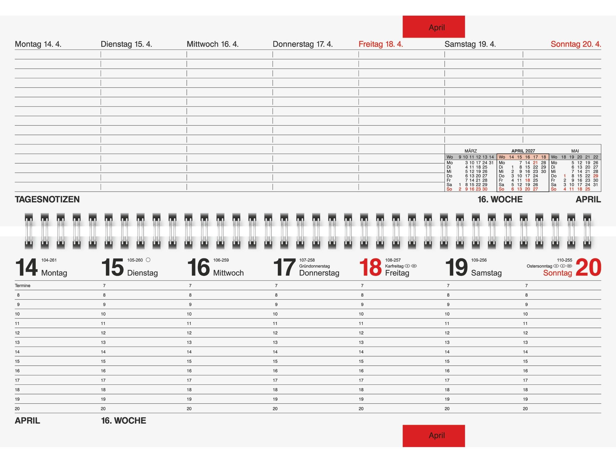 Baier & Schneider Querkalender Querterminbuch 2027 mit Wire-O-Bindung 305x105 mm Gold, Wire-O-Bindung