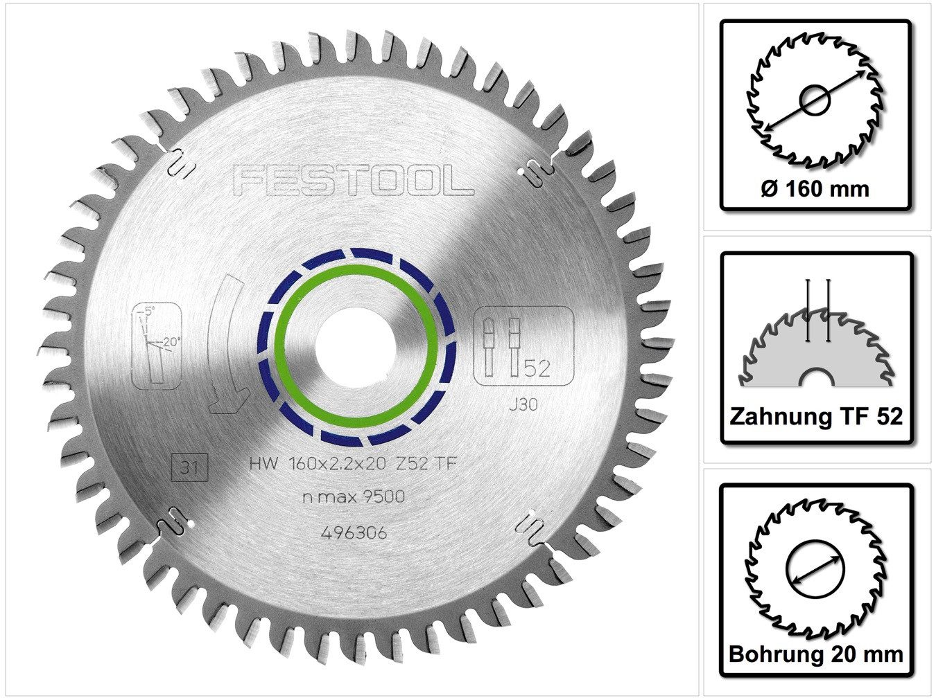 FESTOOL Kreissägeblatt Spezial Kreissägeblatt HW 160 x 20 x 2,2 mm TF52 160 mm 52 Zähne