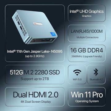 PELADN mit Intel 11.Generation (bis zu 2,9 GHz) Mini-PC (Intel Celeron, N5095, 16 GB RAM, 512 GB SSD, Bluetooth 4.2, HDMI2.0,& WiFi 2,4G/5,0G WLAN für Business-Anwendungen)