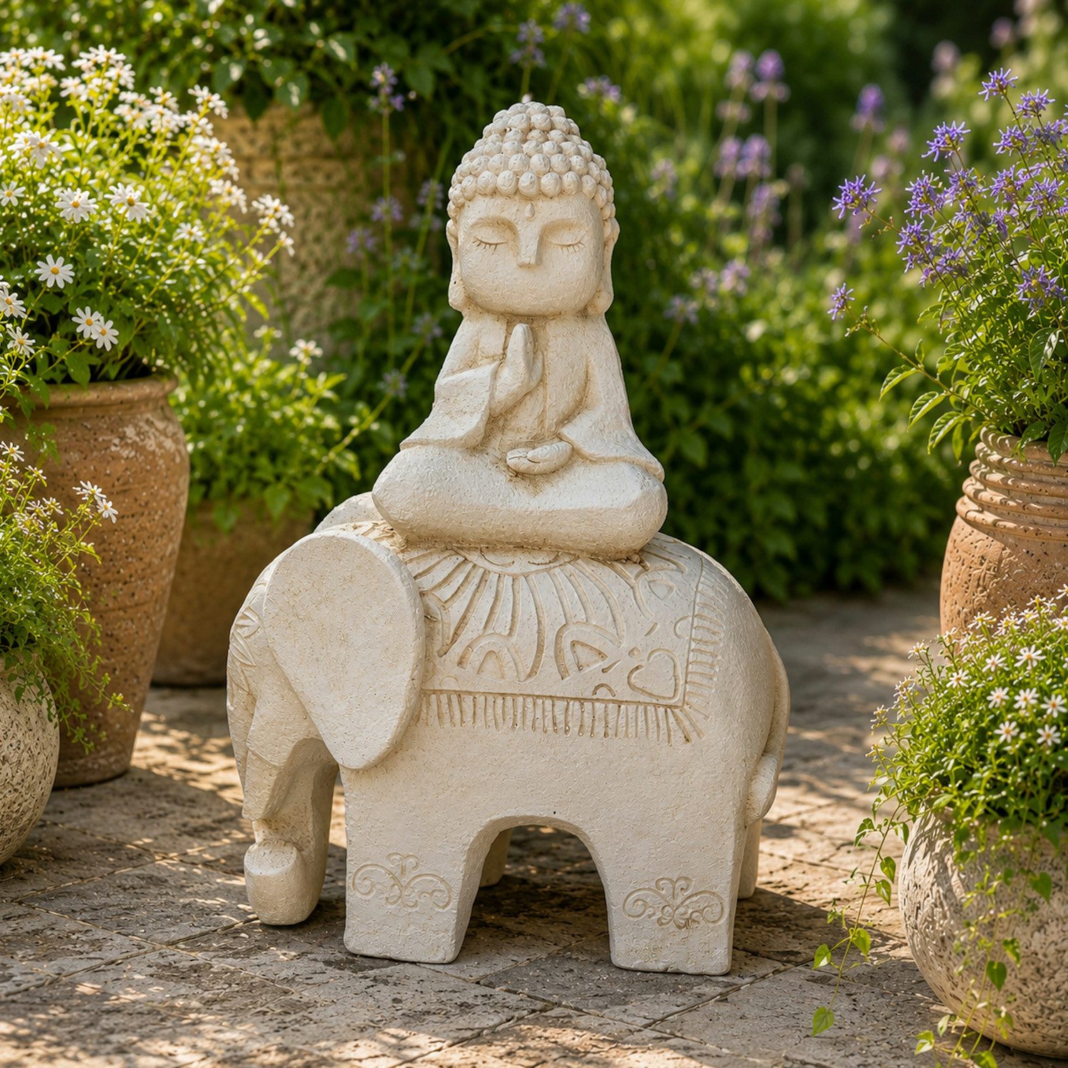 INtrenDU Gartenfigur Buddha auf Elefant 56 cm groß – Zen-Deko, Frostsicher aus Magnesia, edle Steinoptik