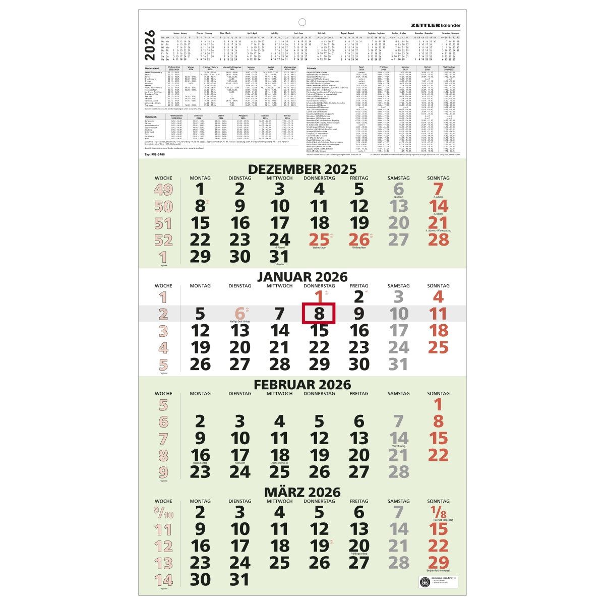 ZETTLER Wandkalender 4-Monatskalender 959 33x63,5cm Recycling 2026