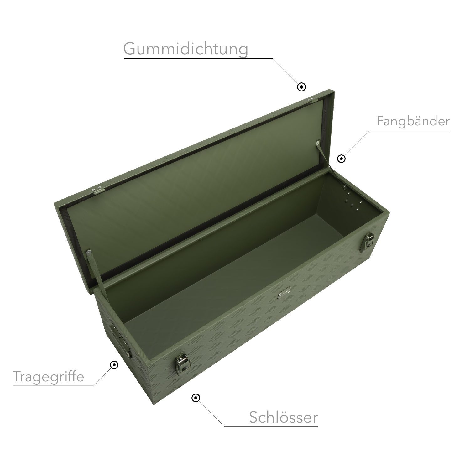 ALUBOX Aufbewahrungsbox Alukiste Transportbox Riffelblech olivgrün matt (120 Liter), Dichtung und Fangbänder im Deckel - nur 1,5 mm Wandstärke