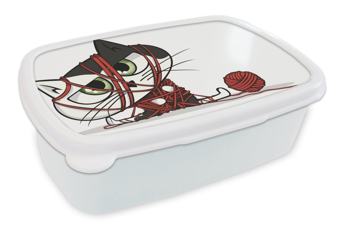 MuchoWow Lunchbox Katze - Wolle Brotdose, für Brotbox Kinder Rot, Mädchen Erwachsene, für Jungs Kunststoff, (2-tlg), und - weiß und
