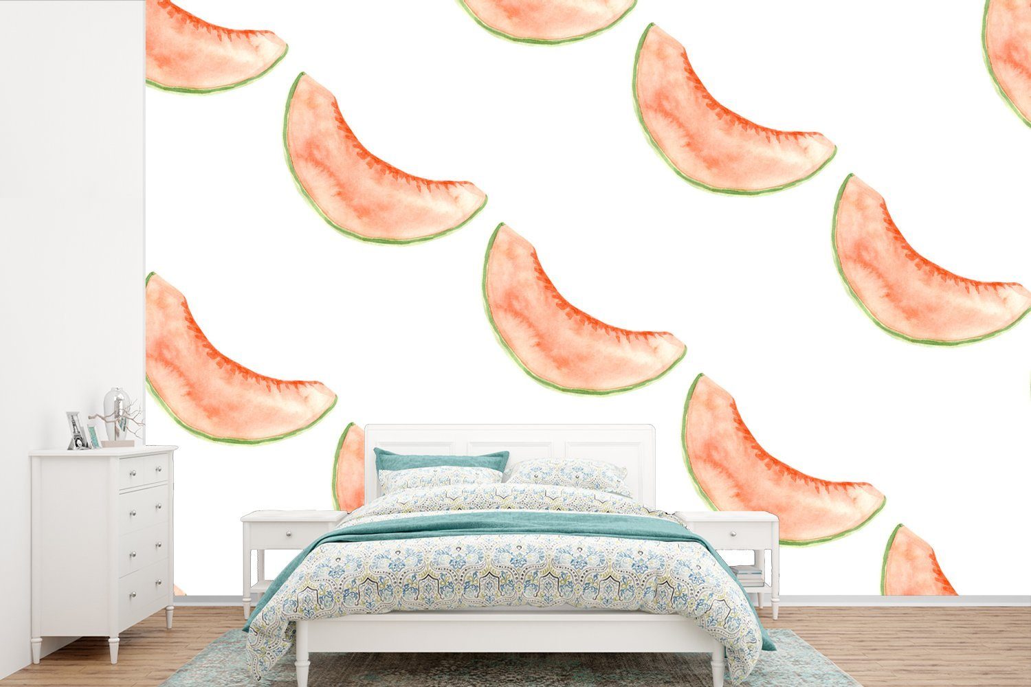 MuchoWow Fototapete Melone - Obst - Aquarell, Matt, bedruckt, (6 St), Wallpaper für Wohnzimmer, Schlafzimmer, Kinderzimmer, Vinyl Tapete