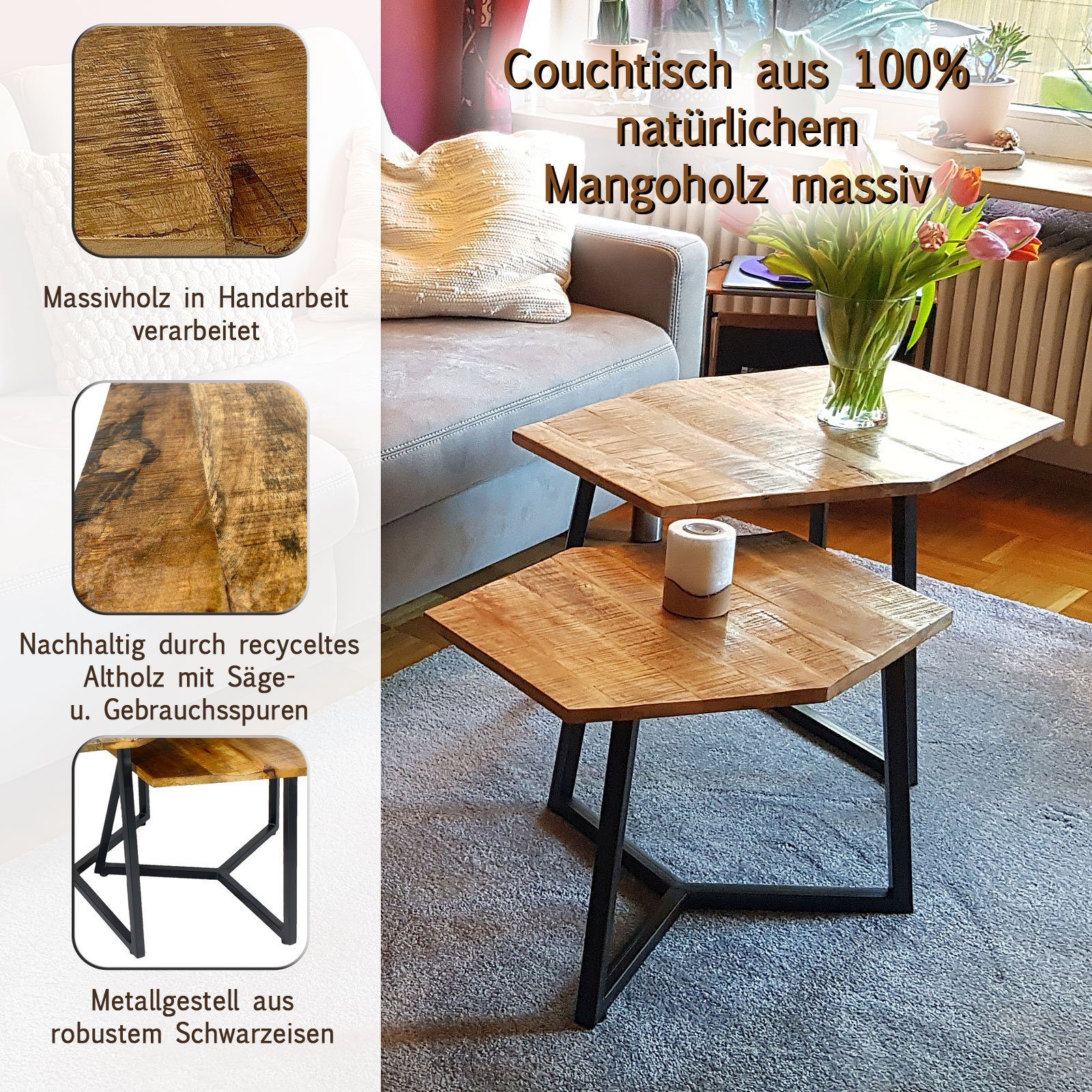 matt Couchtisch Paris schwarz - Couchtisch Wohnzimmer tabacco Casamia Tisch Metall-Gestell Massivholz