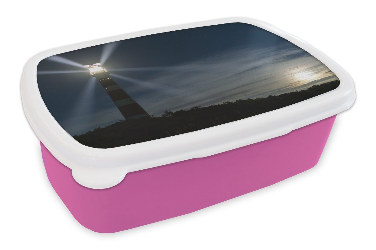 MuchoWow Lunchbox Leuchtturm auf Ameland in der Abenddämmerung, Kunststoff, (2-tlg), Brotbox für Erwachsene, Brotdose Kinder, Snackbox, Mädchen, Kunststoff rosa | Lunchboxen
