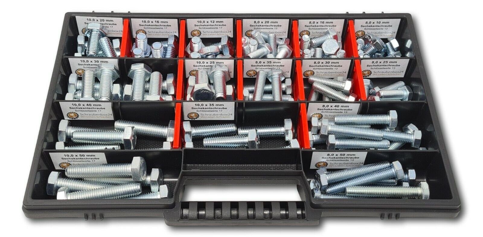 Schraubenbox24 Sechskantschraube Sortiment M8-M10 // 10mm-50mm, (M-Box, 110 St., DIN 933,ISO 4017), 110 Stück Sechskantschrauben