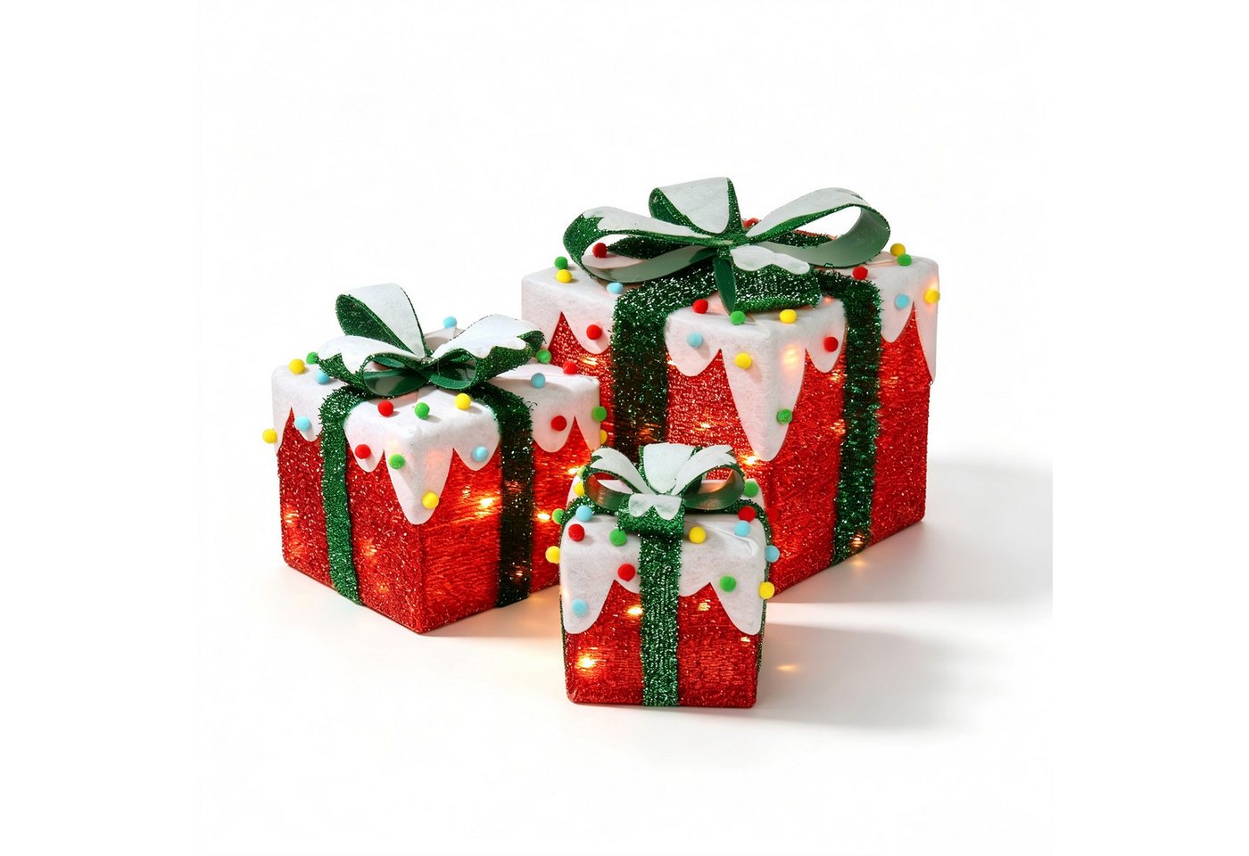 VINGLI LED Dekolicht 3er Set LED Geschenkboxen für Innen & Außen, 60 LEDs mit Baumwollbälle, Eisberg-Effekt, Bunte Kleine Baumwollbälle, Batteriebetrieben, Rot