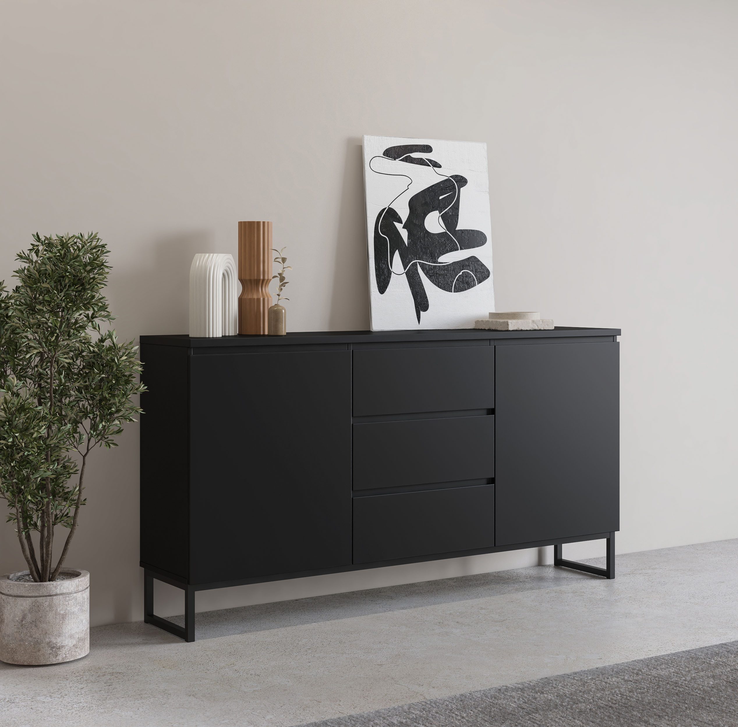 OTTO home Sideboard Modo II, Breite 150 cm, moderne grifflose Kommode 2Türen/3 SK, Schubladenkommode viel Stauraum, Einlegeböden verstellbar, Metallkufen