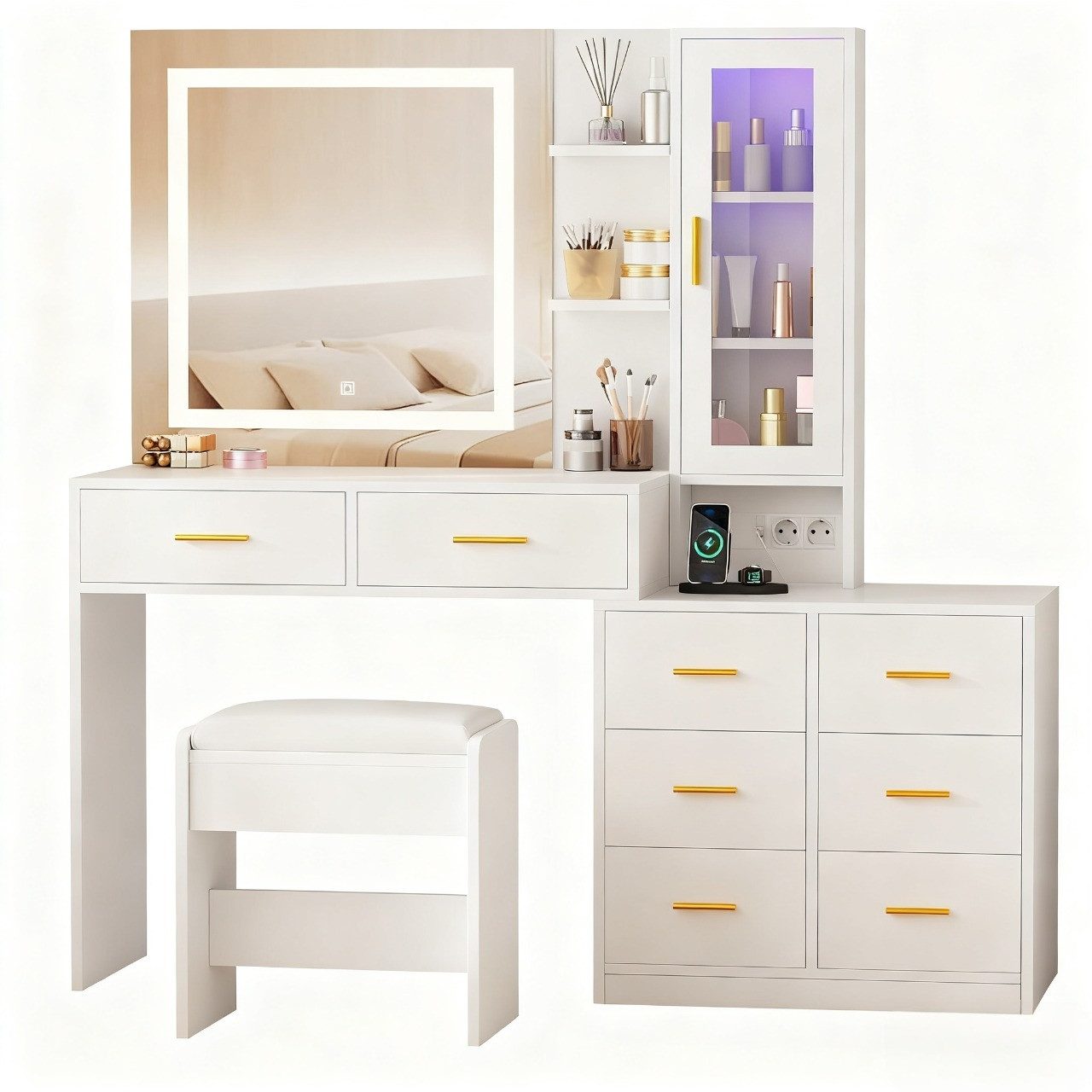 BEWISHOME Schminktisch mit Spiegel und Hocker, acht Schubladen, 131 x 40x 1 günstig online kaufen