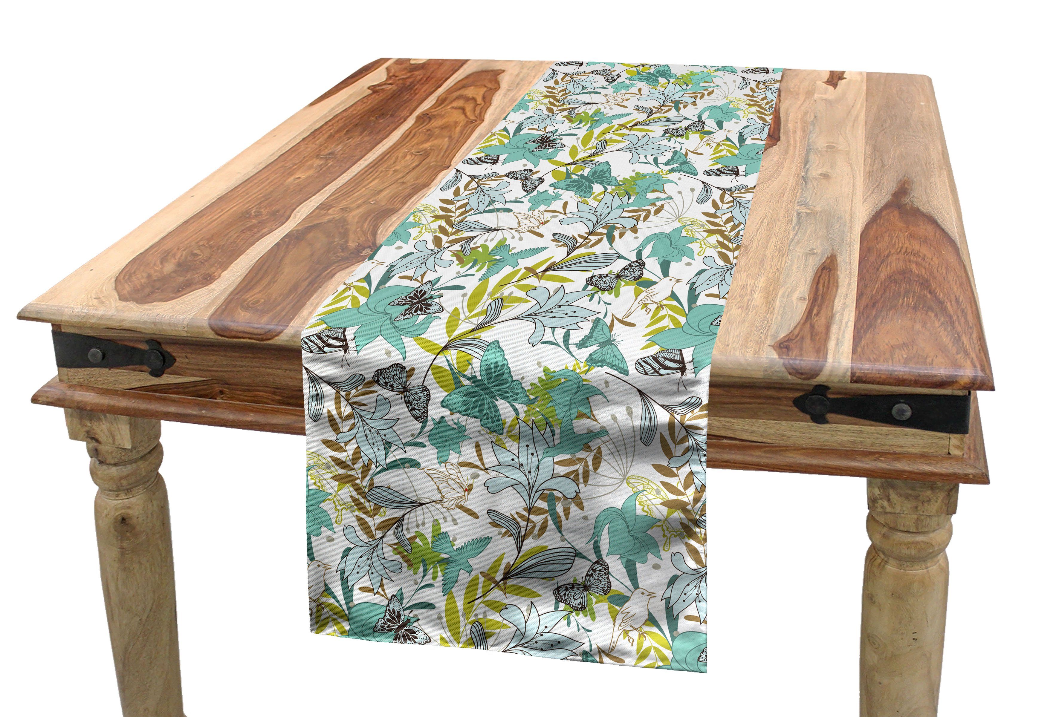Abakuhaus Tischläufer Esszimmer Küche Rechteckiger Dekorativer Tischläufer, Blumen Fliegende Vögel Schmetterlinge
