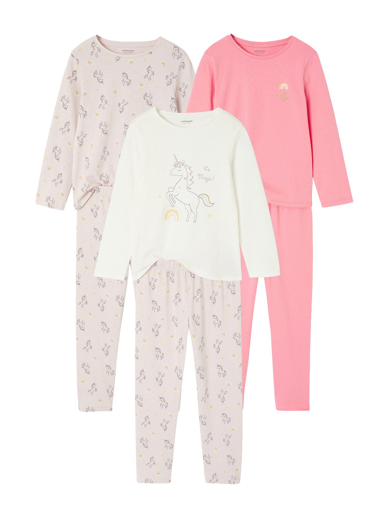 vertbaudet Schlafanzug Mädchen Schlafanzüge mit Einhorn-Motiven 3er-Pack