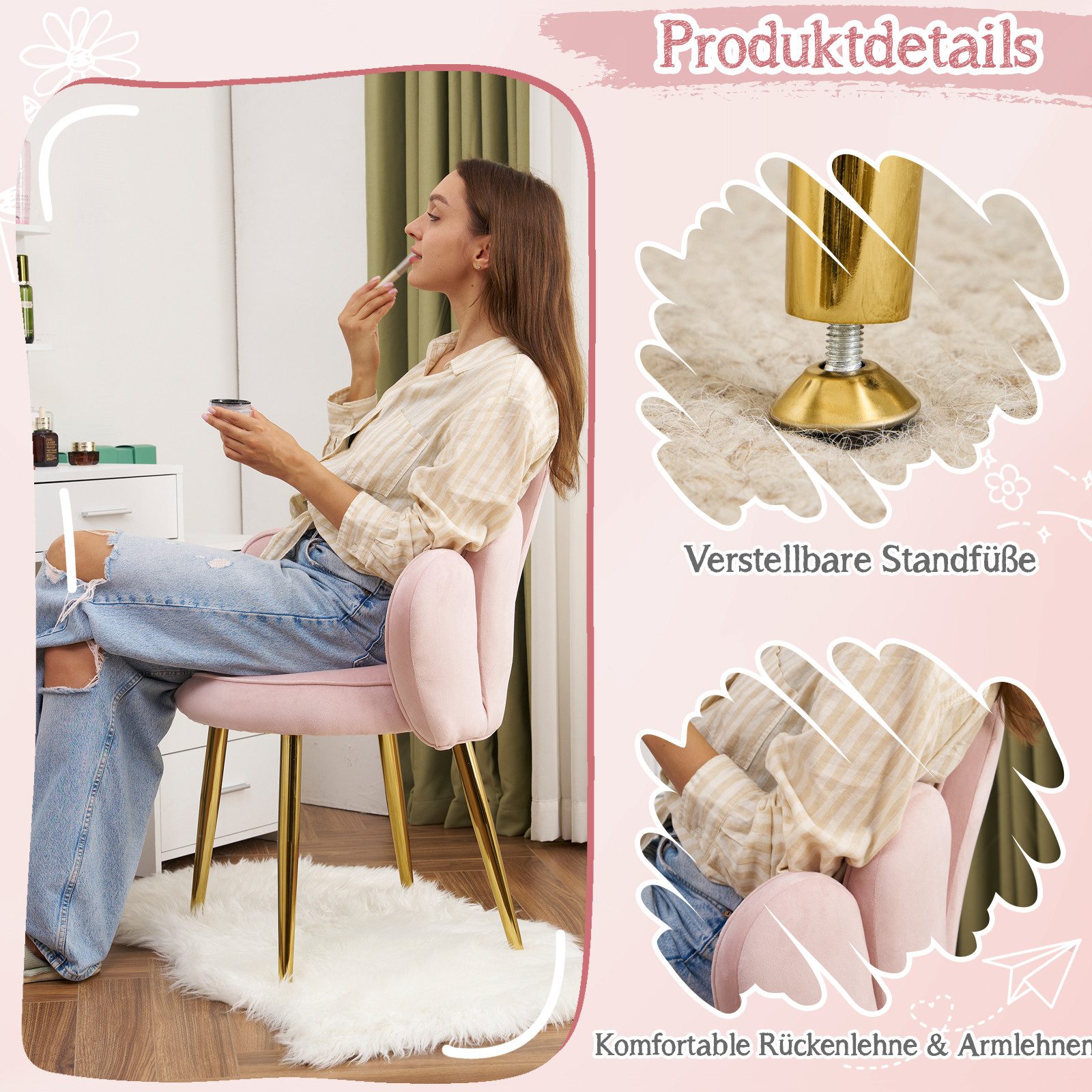 VINGLI Polsterstuhl mit Schleife Zierkissen, Schminktisch Stuhl, Monderne Esszimmerstuhl – Bild 5 von 5