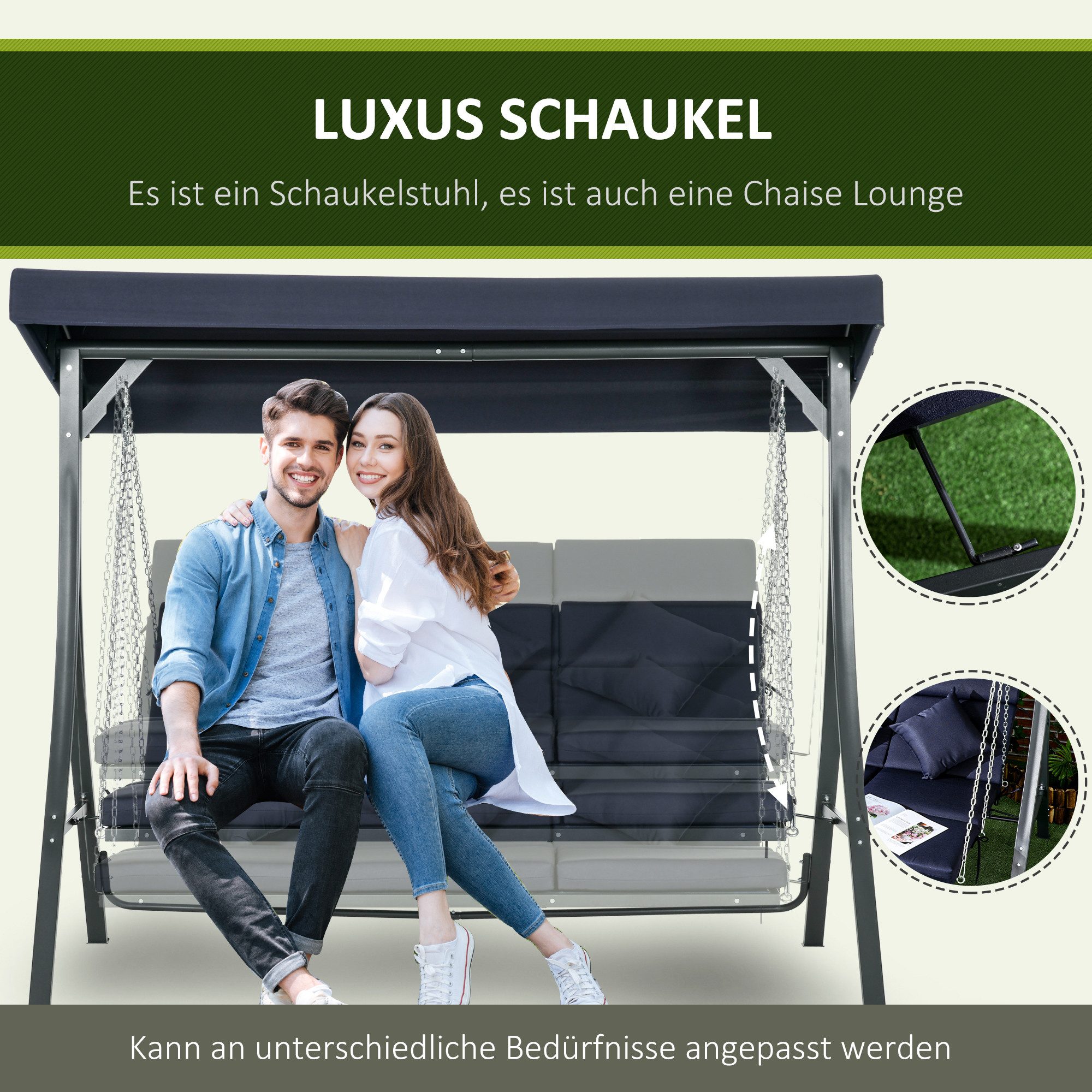 Outsunny Hollywoodschaukel Schaukelbank, Gartenschaukel mit Kissen, 270 kg Belastbar, 3-Sitzer, Verstellbares Dach, Schaukelstuhl, 1 tlg., Schaukelbank, für Gar – Bild 5 von 5
