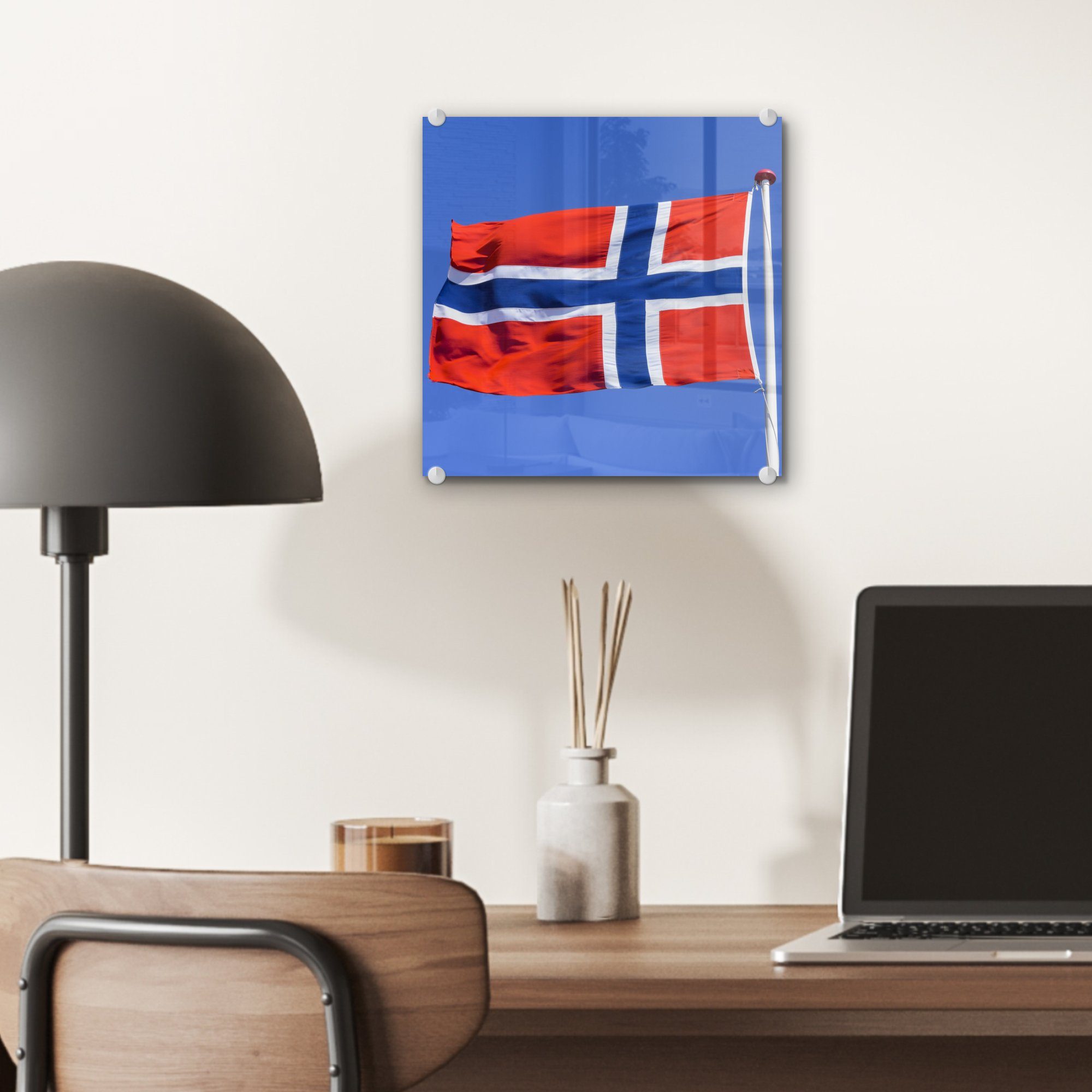 MuchoWow Acrylglasbild (1 blauen Foto Bilder Wanddekoration Glas auf auf Norwegische Wandbild Himmel, Flagge - St), Glasbilder am - - Glas