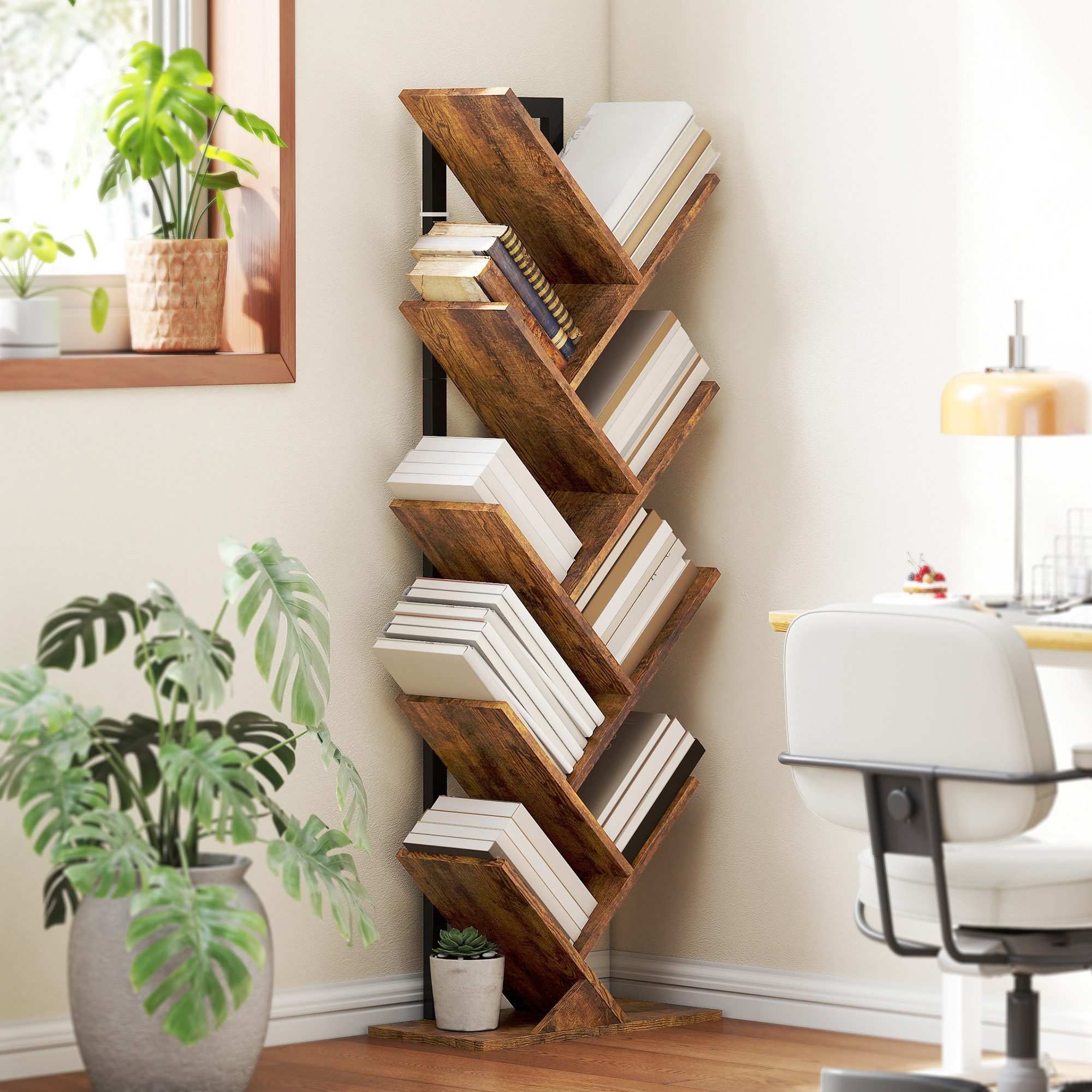 HOMCOM Bücherregal Standregal mit 9 Ebenen Regal im Baumform für CDs, DVDs, Alben, Aufbewahrungsregal 1-tlg., für Wohnzimmer, Schlafzimmer, Büro, Rustikal Braun