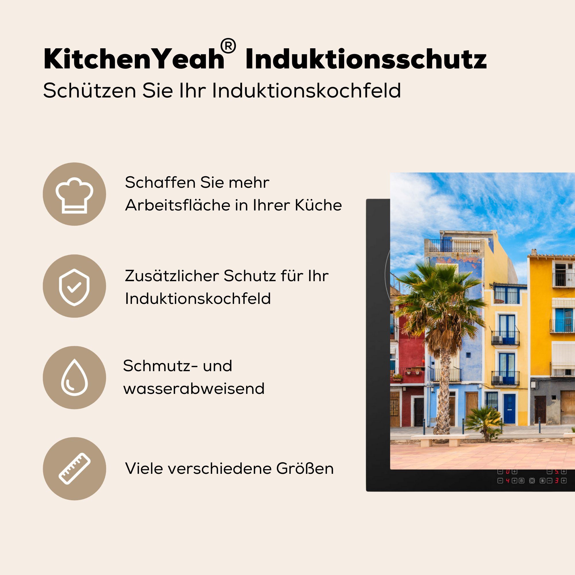 Induktionskochfeld MuchoWow Häuser für Vinyl, tlg), cm, Ceranfeldabdeckung Herdblende-/Abdeckplatte Spanien, küche, die in 81x52 Schutz (1 Farbenfrohe Villajoyosa,