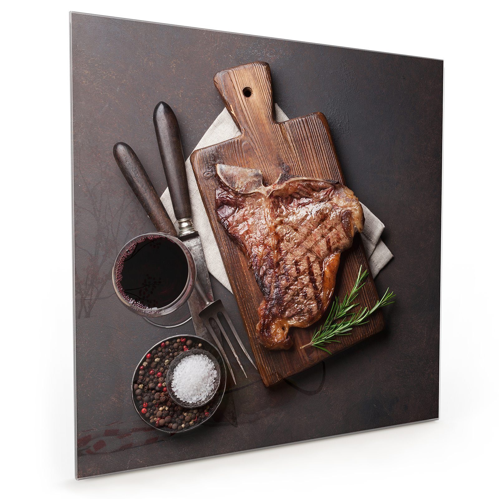 Primedeco Küchenrückwand Küchenrückwand Spritzschutz Glas mit Motiv T-Bone Steak auf Holzplatte