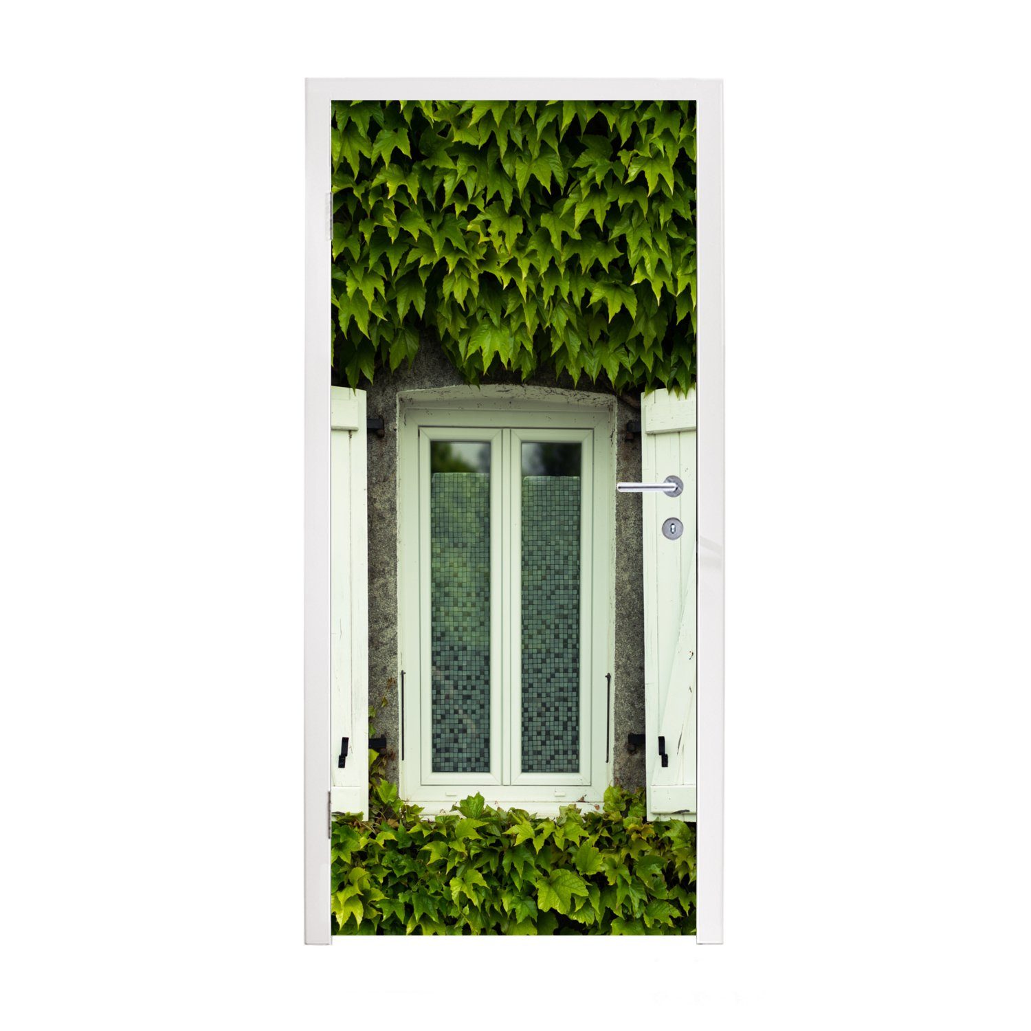 MuchoWow Türtapete Fenster mit Fensterläden cm 75x205 Fototapete für Kletterpflanzen, zwischen Tür, St), (1 bedruckt, Türaufkleber, Matt