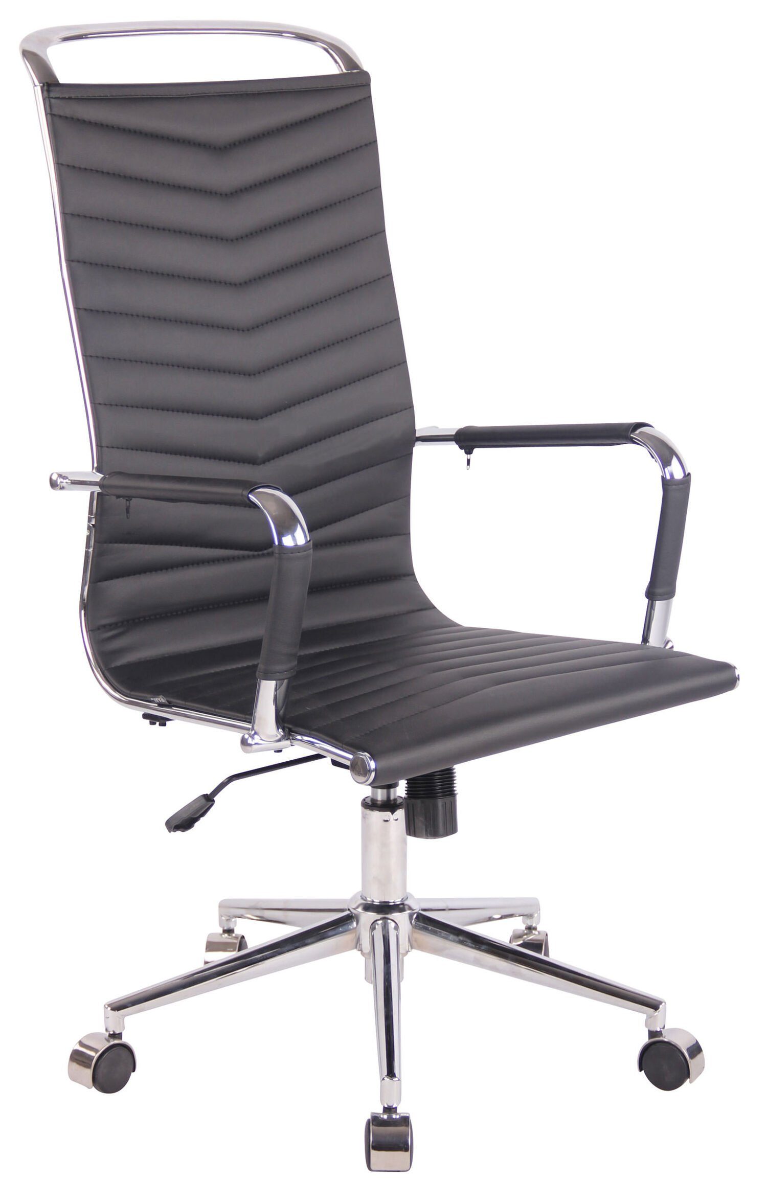 TPFLiving Bürostuhl Battle mit bequemer Chefsessel, Gestell: ergonomisch geformter - Metall Bürostuhl (Schreibtischstuhl, Rückenlehne chrom XXL), Drehstuhl, Sitzfläche: Kunstleder schwarz