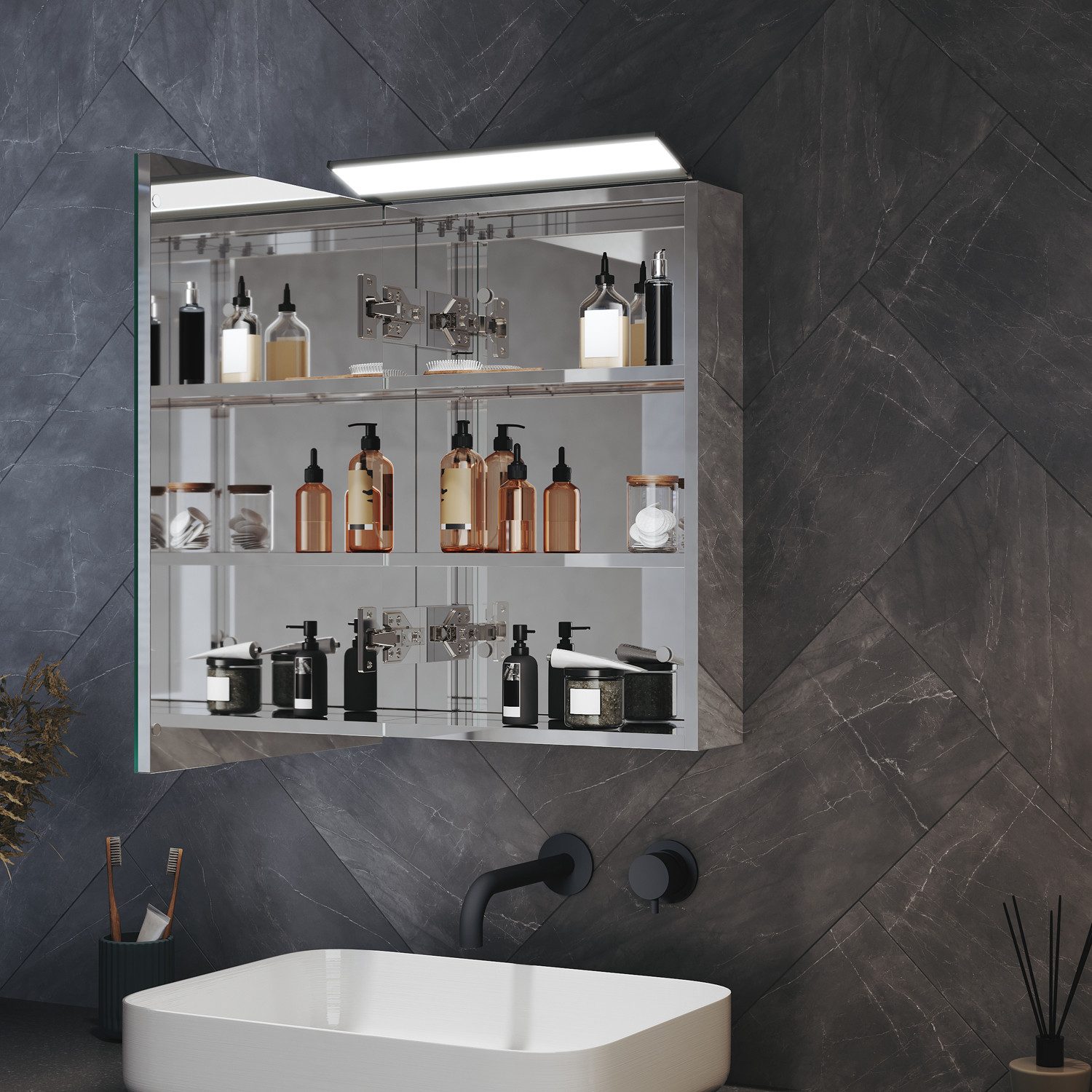 SONNI Badezimmerspiegelschrank Badezimmerspiegel mit dreifarbiger BeleuchtungGroßer Stauraum
