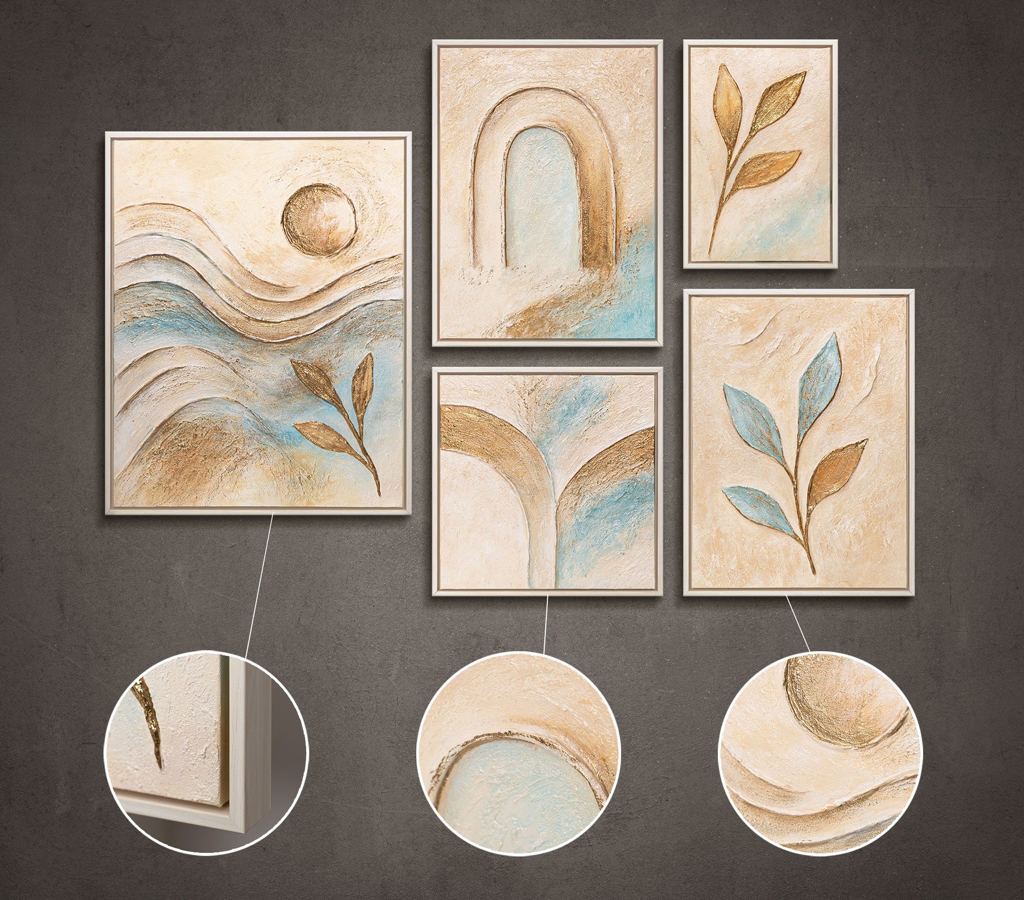 YS-Art Gemälde "Sanftheit des Augenblicks", Landschaft (Set, 5 St), Wandbilder Set Natur Modern – Bilder Set mit Rahmen in Beige & Blau