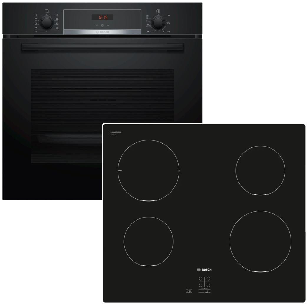 BOSCH Induktions Herd-Set Einbauherd Backofen Teleskopauszug + Induktionskochfeld autark 60cm, mit 1-fach Teilauszug