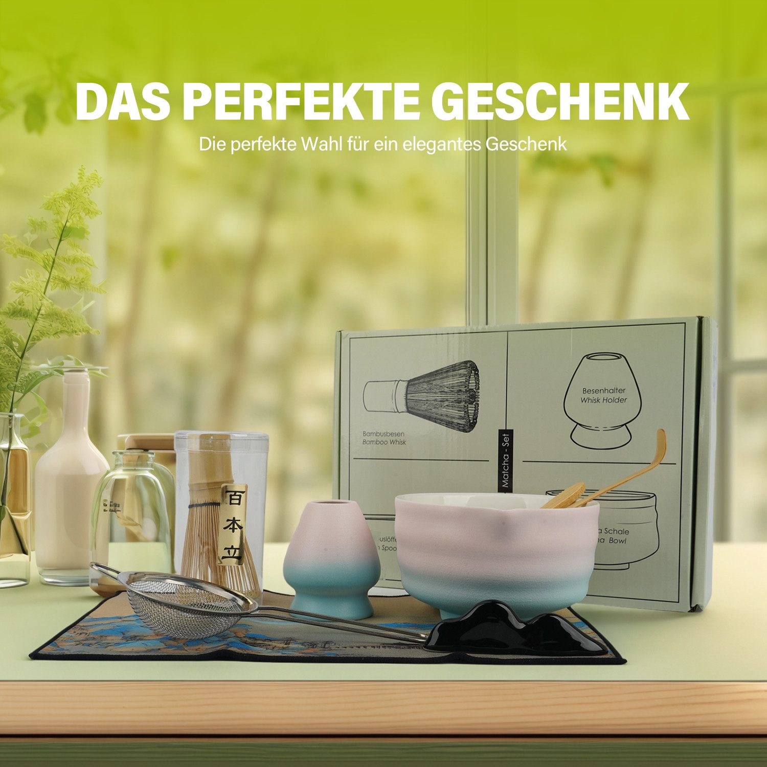 AKKEE Teeservice 8 Stück Matcha Tee Set mit Matcha Besen Edelstahlsieb Schal, Matcha-Zubereitungsset
