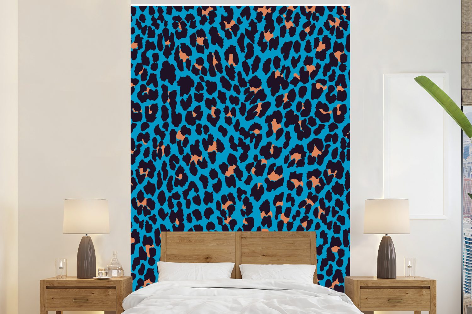 MuchoWow Fototapete Leopard - Design - Blau - Braun, Matt, bedruckt, (3 St), Montagefertig Vinyl Tapete für Wohnzimmer, Wandtapete