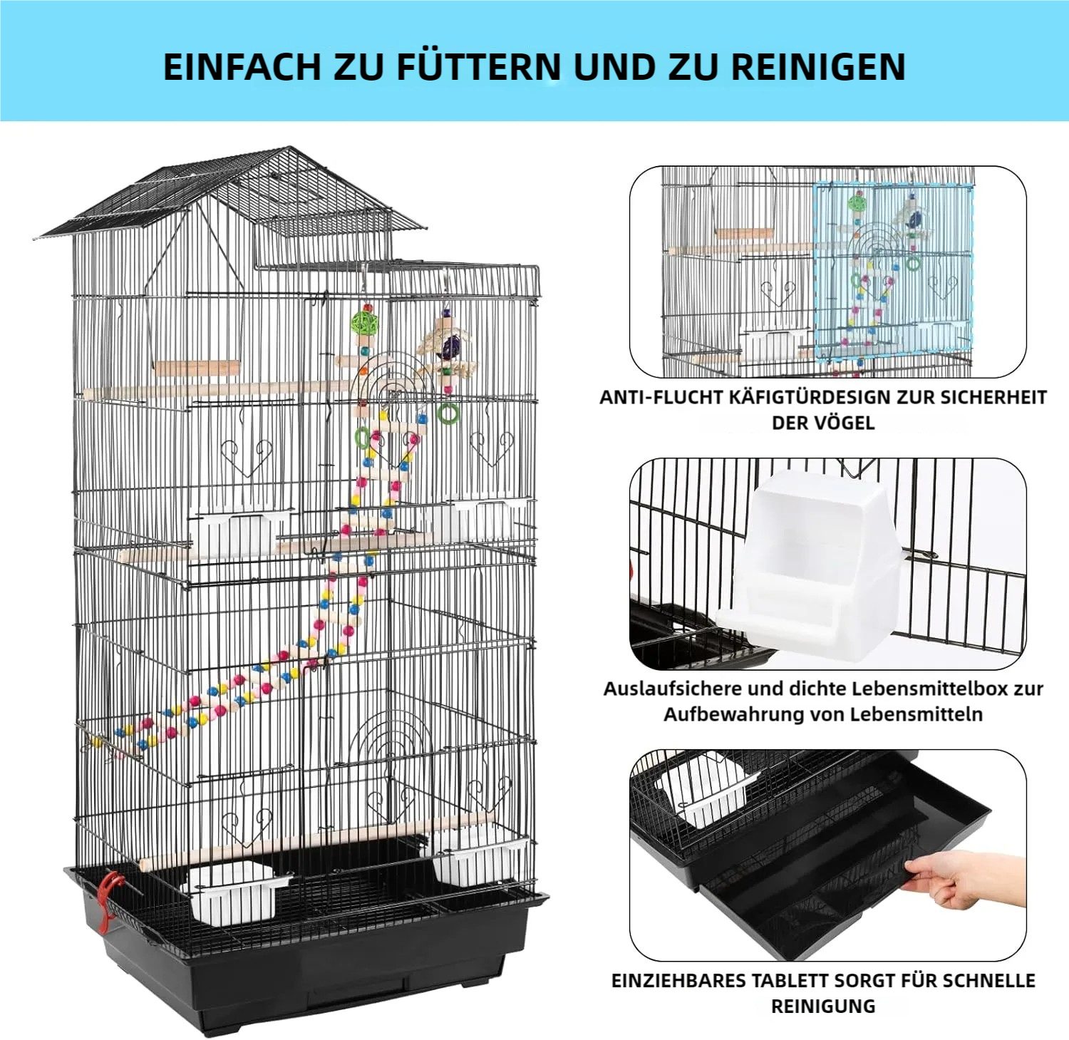 TLGREEN Vogelkäfig Groß 49 x 34 x 100cm, Vogelvoliere mit Vogelspielzeuge, Multifunktionaler Wellensittich Käfig Vogel