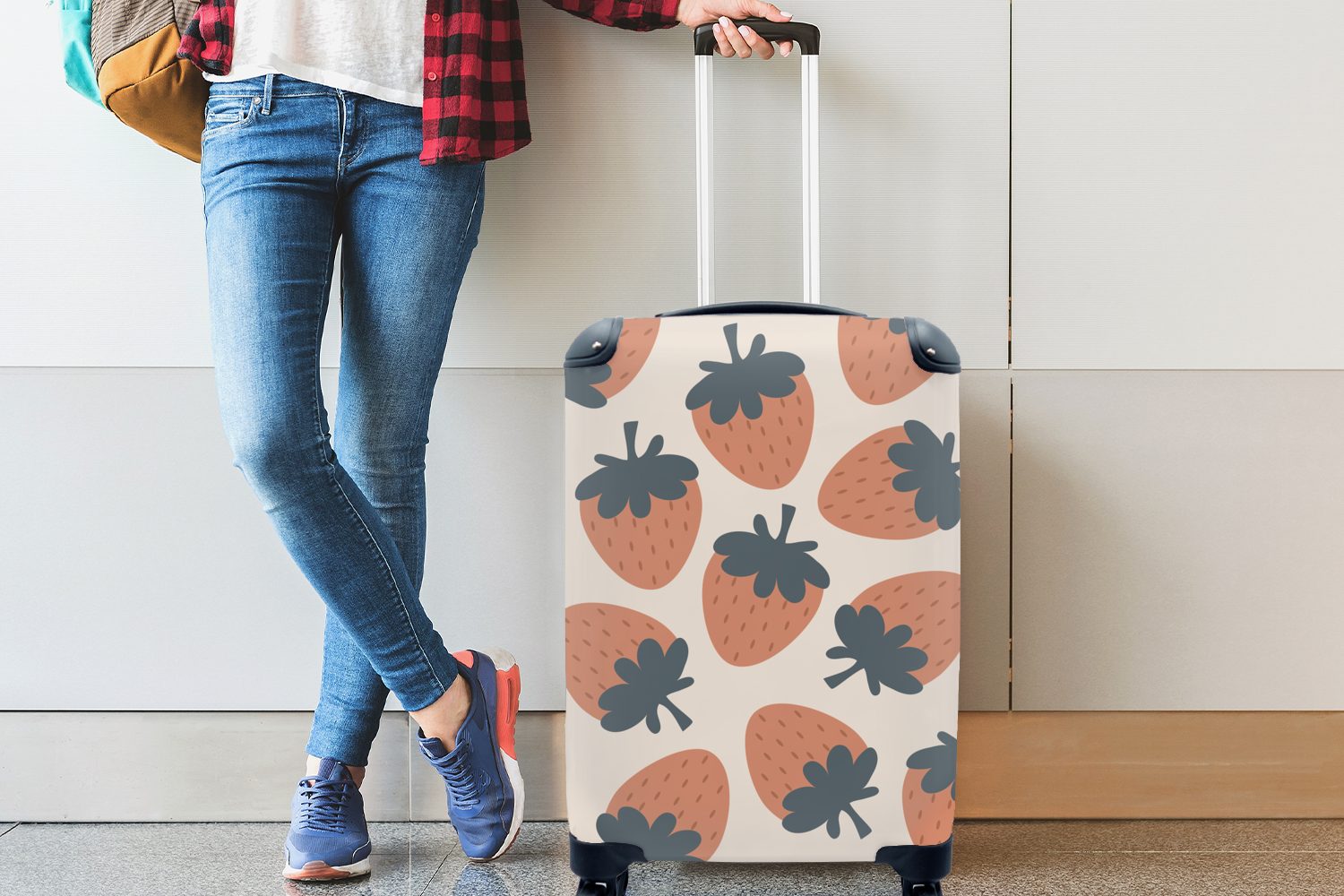 Trolley, Pastell rollen, Erdbeere - 4 - für Reisetasche MuchoWow Handgepäckkoffer mit Ferien, Rollen, Muster, Reisekoffer Obst - Handgepäck