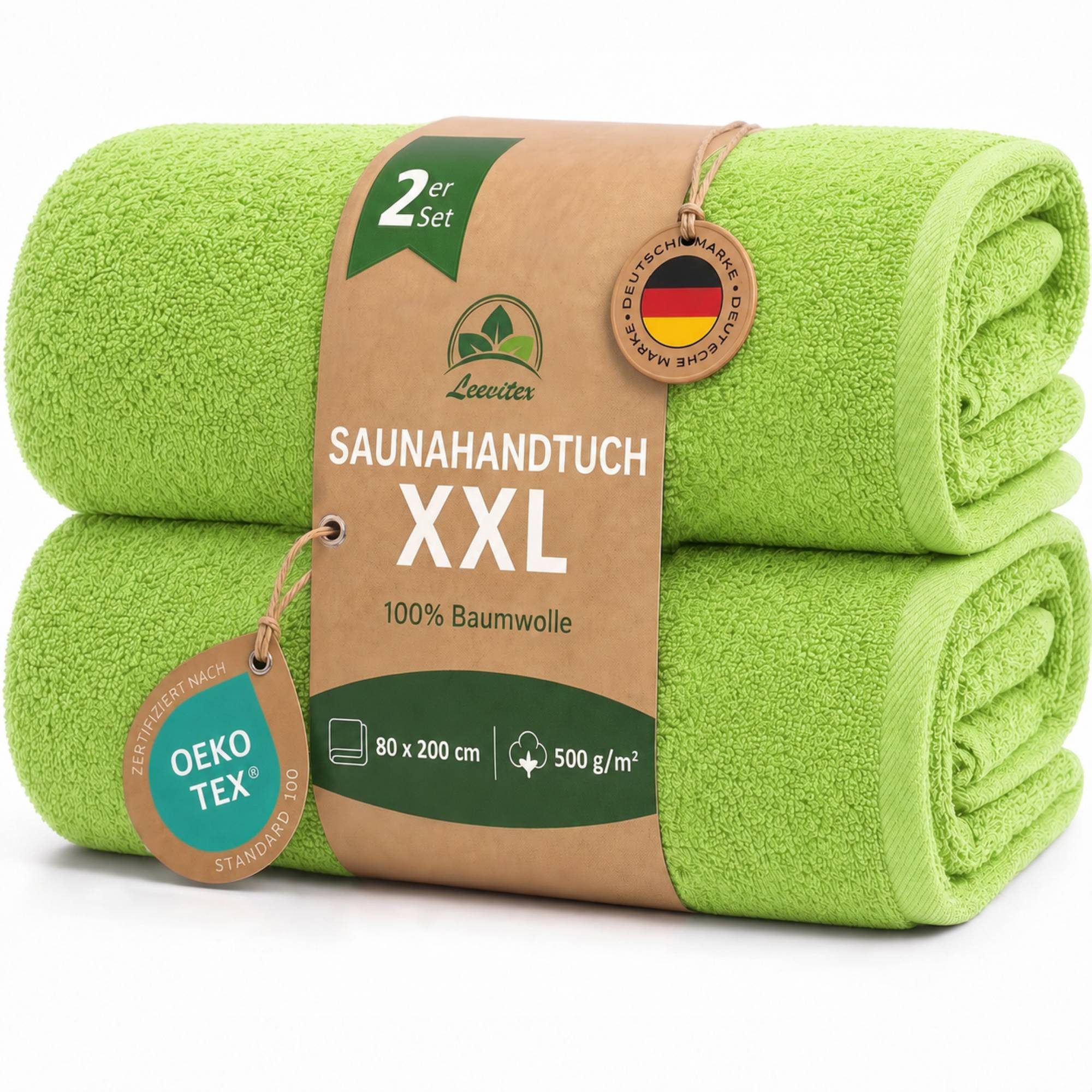 leevitex® Saunatuch, 80x200 cm, 100% Baumwolle, saugstark und fusselfrei, Frottee (Set, 2-St), OEKO-TEX® STANDARD 100 zertifiziert, gestreifte Bordüre