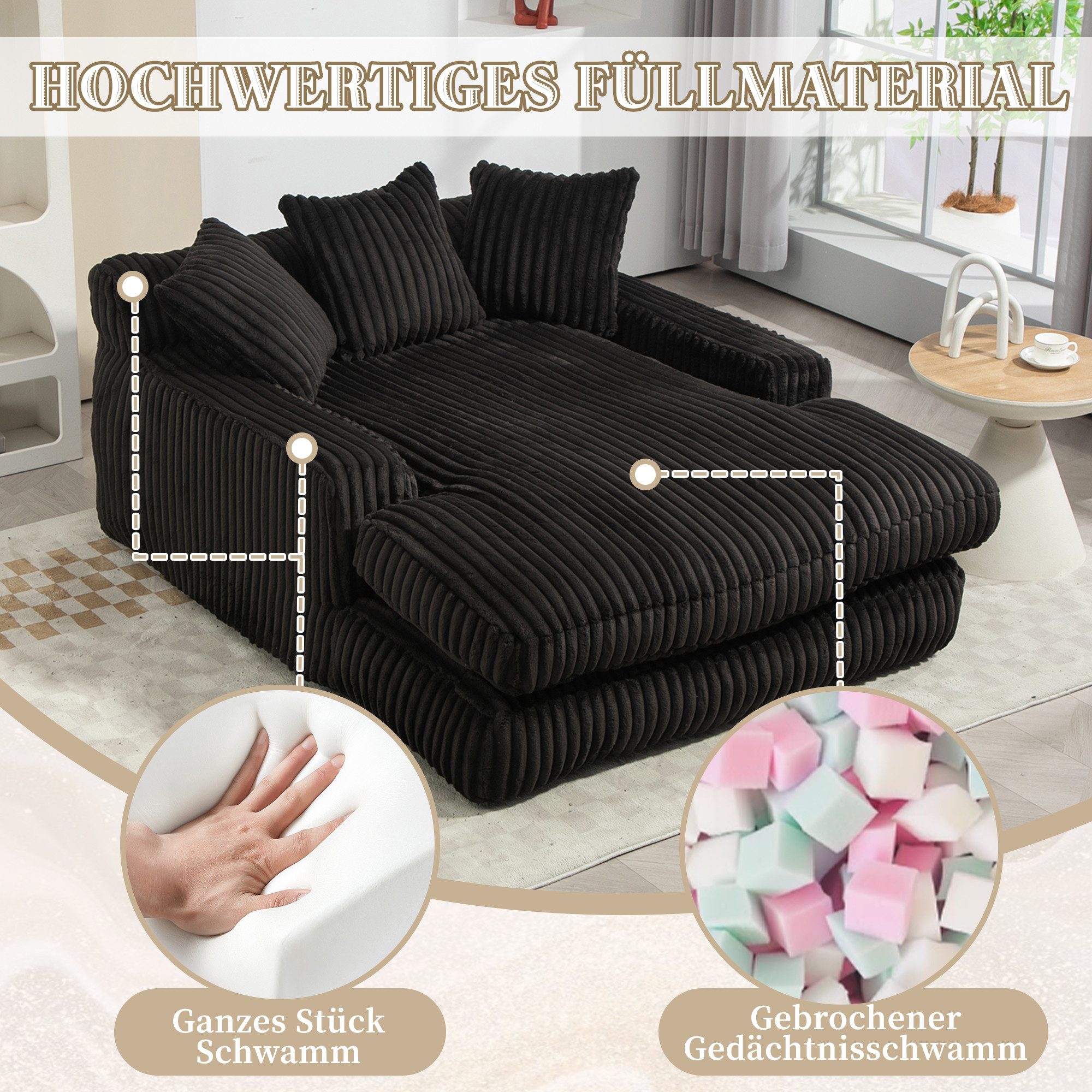 Celya Sofa Cord-Schlafsofa mit 3 Kissen,Bequemes Einzelsitz-Bodensofa,Loungesofa, fur Wohnzimmer, Büro & Wohnung,Schwarz