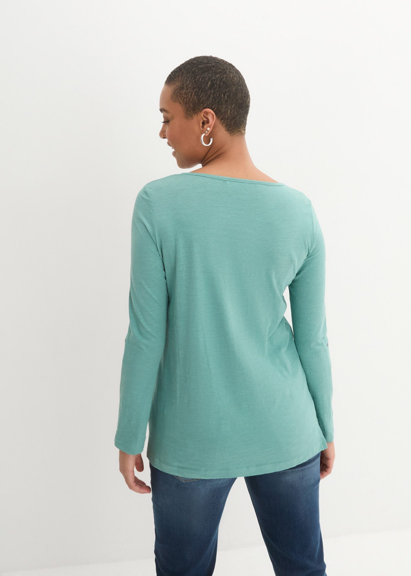 bonprix Langarmshirt gerade Passform, Krempelärmel, Henley-Ausschnitt