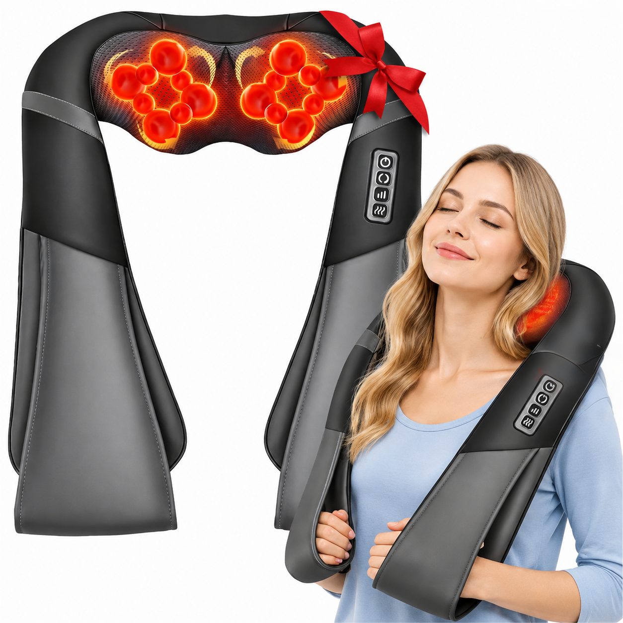 ibettertec Shiatsu-Massagegerät für Nacken, Schultern, Rücken & Taille, mit Wärmefunktion, Nackenmassagegerät,Rückenmassagegerät, 18 Massageköpfen, 3 Intensitätsstufen & 15-Minuten-Timer,Geschenk