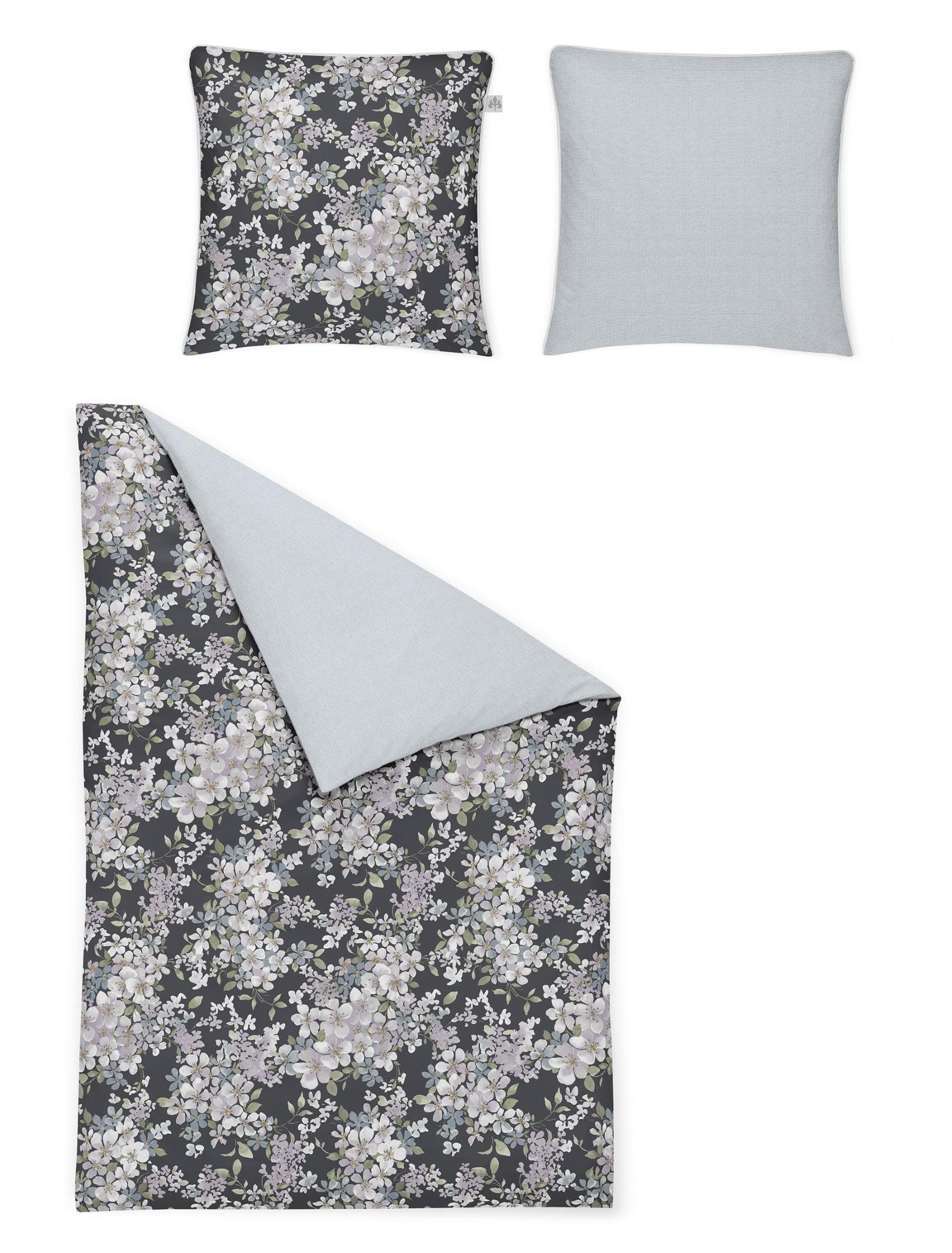 Irisette Bettwäsche Irisette Crown Mako-Satin Bettwäsche 155x220 Wende Blumen grau hellbla, Mako-Satin, 2 teilig