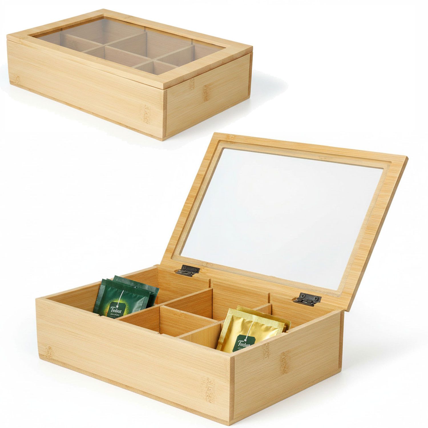 LS-LebenStil Teebox Holz Aufbewahrungsbox Teebox 6 Fächer mit Deckel Teekiste Schmuckkiste, Bambus, (Nachhaltiger Organizer - durchsichtiger Glasdeckel, 1-tlg., Holzkiste Schmuckkiste Schmuckkasten Schmuckkästchen Aufbewahrung), Aufbewahrung für Teebeutel