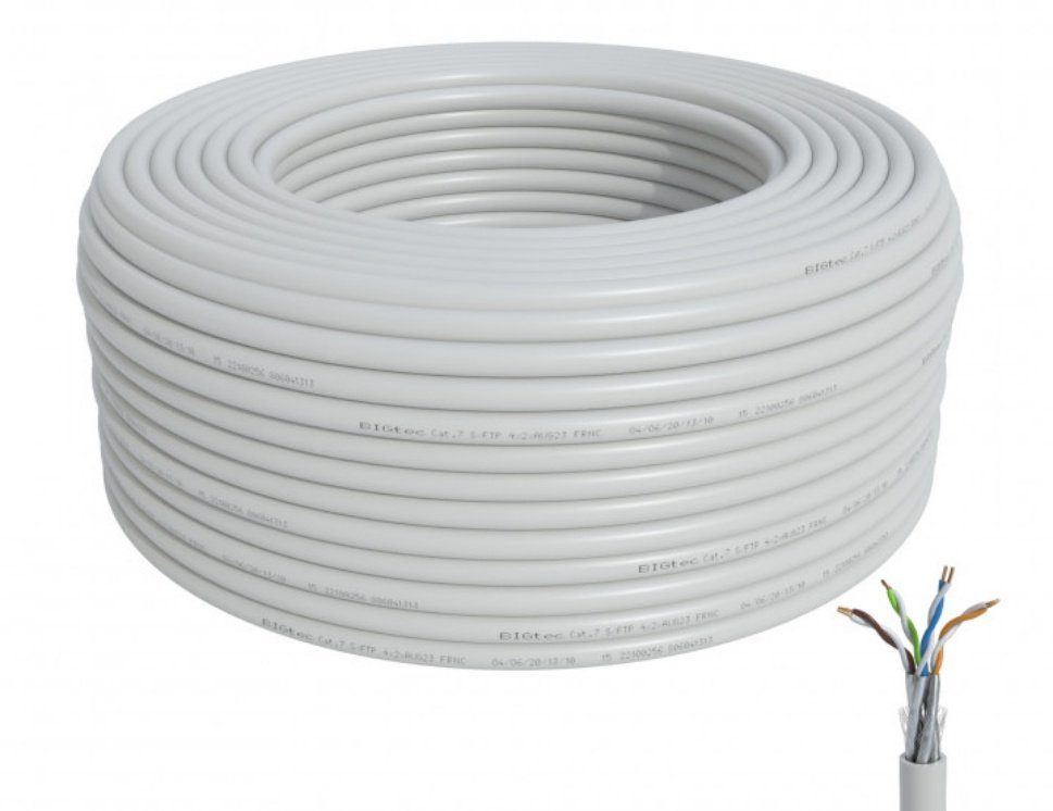 CAT7 Verlegekabel (200 weiß4x2xAWG23/1 bis Gigabit, 1 BIGtec Kabel LAN-Kabel, KAT7 Außendurchmesser ca.7mm 10 cm), Netzwerkkabel
