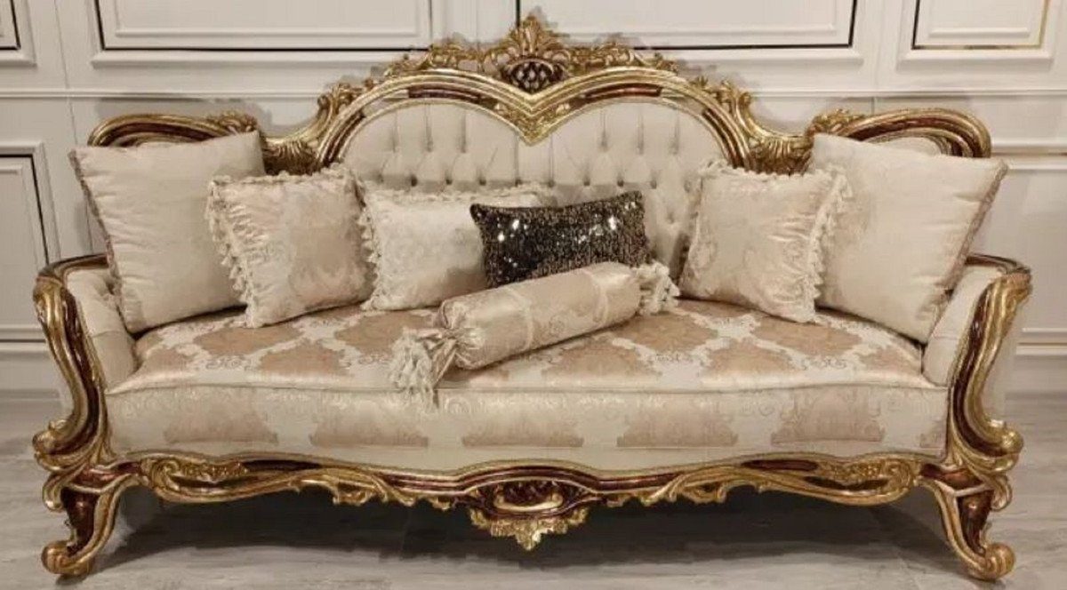 Casa Padrino Sofa Luxus Barock Sofa Cremefarben / Braun / Gold - Prunkvolles Wohnzimmer Sofa mit elegantem Muster - Barock Möbel - Edel & Prunkvoll