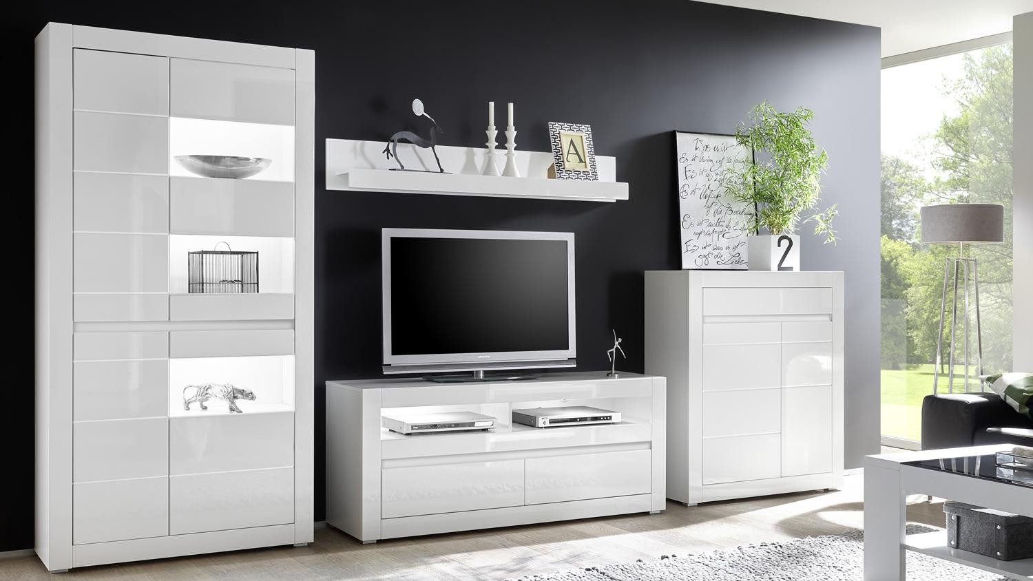 Möbel Akut Wohnwand Wohnwand 4 Carat Anbauwand Wohnzimmer weiß Hochglanz, (4-St)