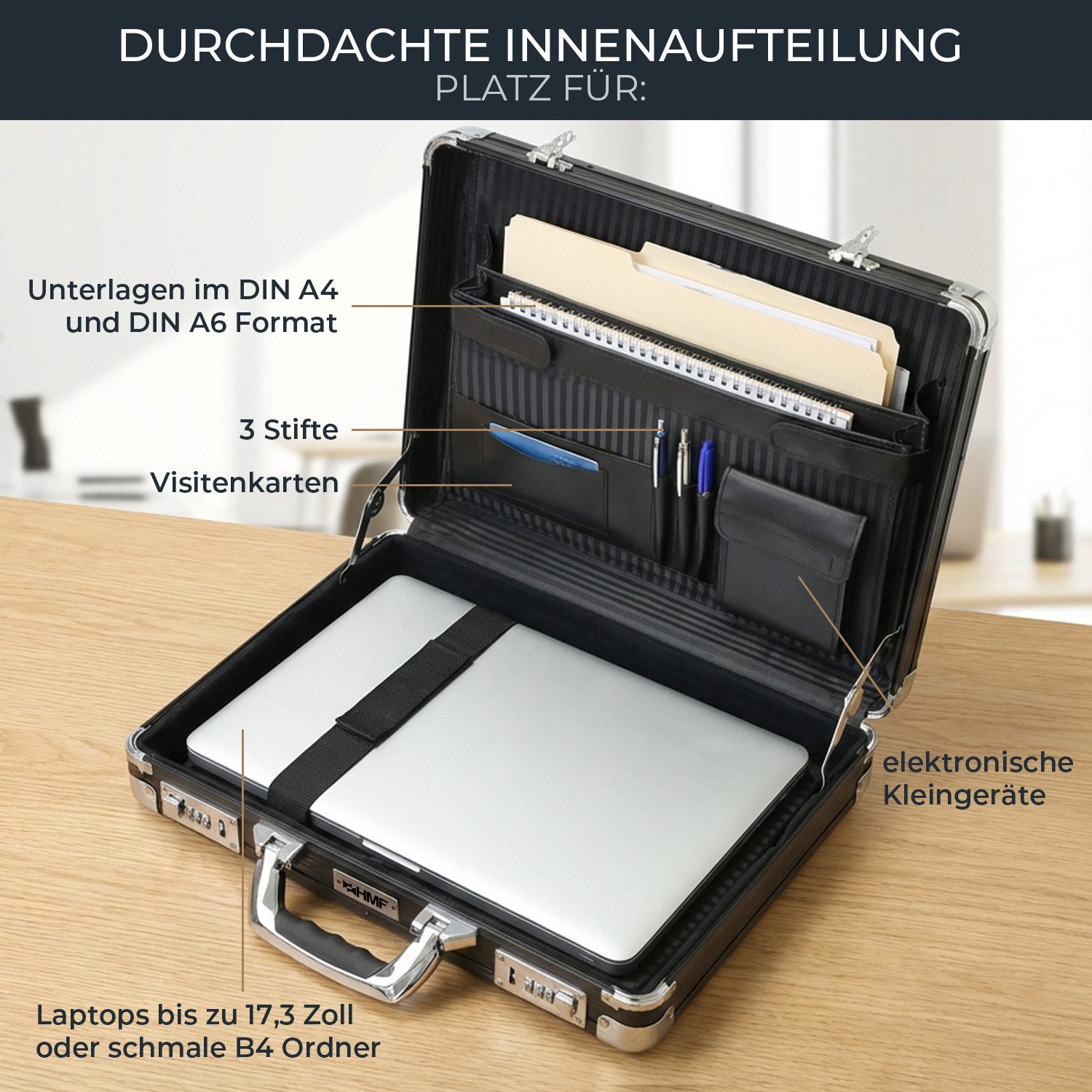 HMF Aktenkoffer Aktenkoffer Laptop bis 17,3 Zoll, Businesskoffer Herren Zahlenschloss, gepolstertem Laptopfach, Organizer im Deckel, 45 x 33 x 11 cm, Schwarz