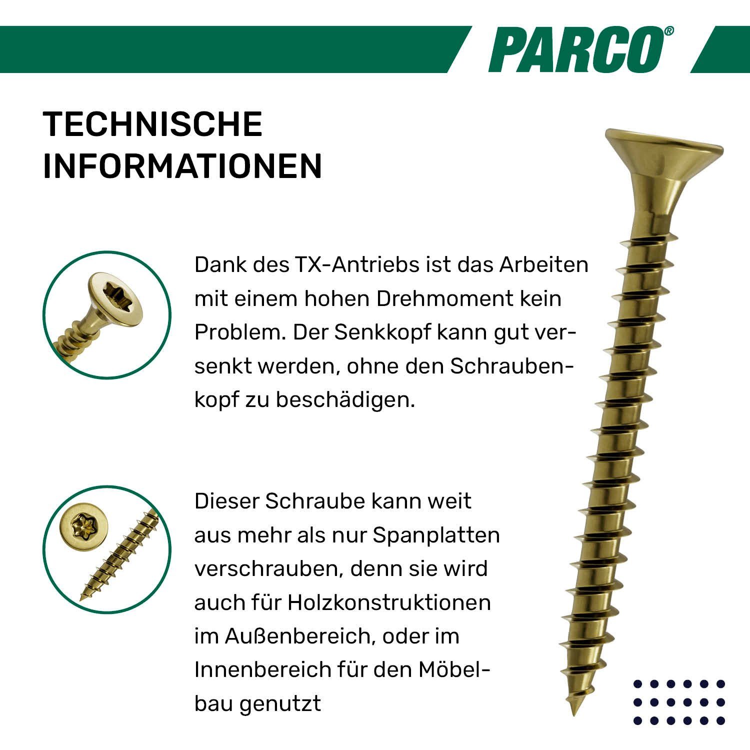 PARCO Spanplattenschraube Senkkopf Torx Verzinkt, Spanplattenschrauben, Deutsche Qualität