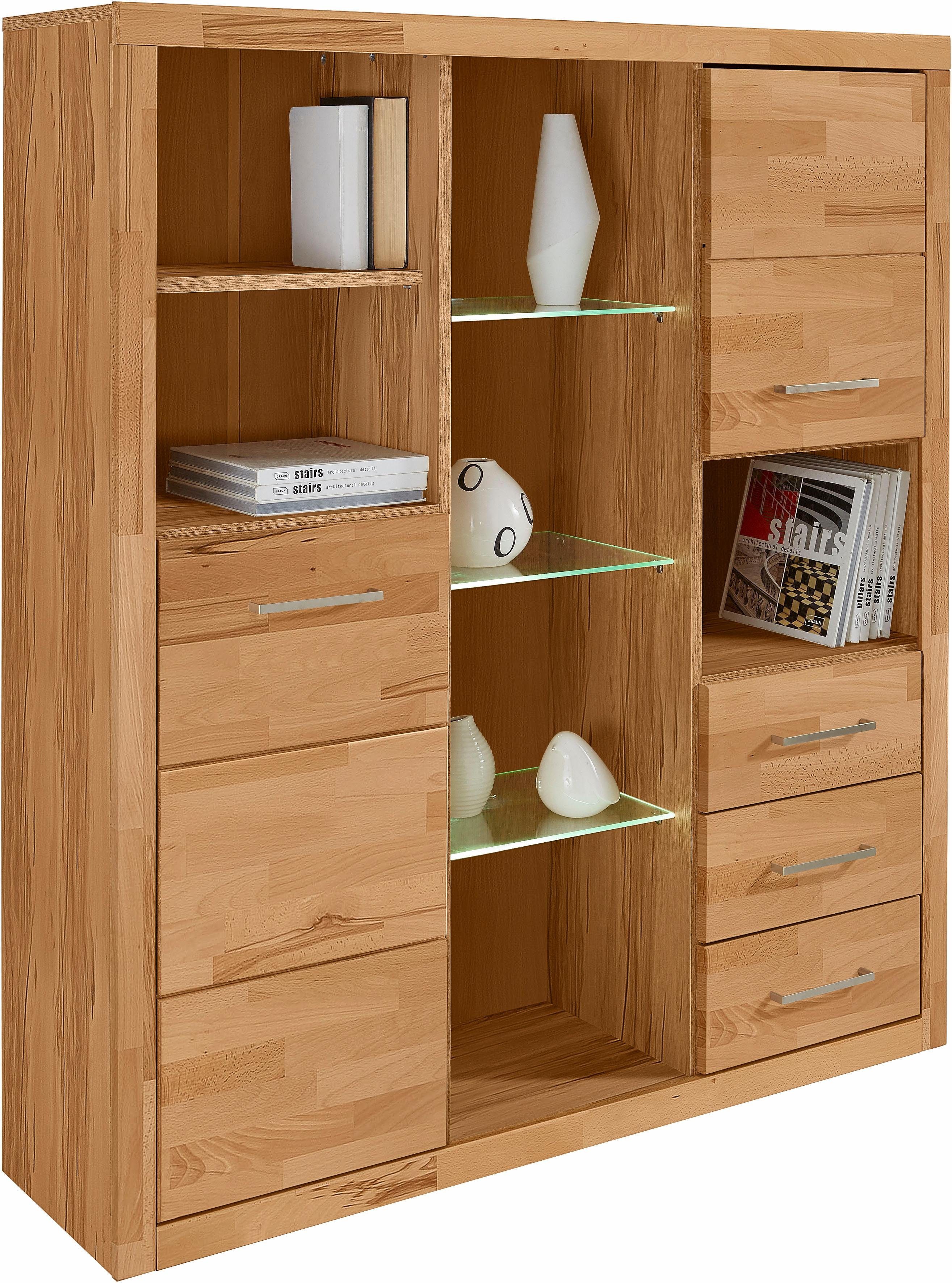 OTTO home Highboard Ribe,130cm breit145cm hoch,Fronten Massivholz,12 Fächer, Korpus aus Holzwerkstoff, Metall Griffe,Böden versetzbar
