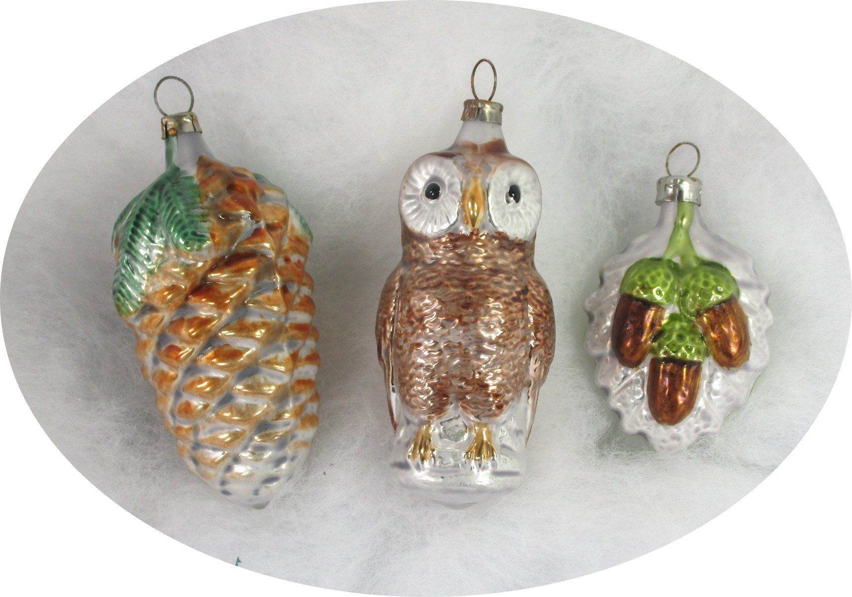 Nostalgie Christbaumschmuck Thüringen Christbaumschmuck Nostalgische Eule, Zapfen und Blatt (3-tlg), "Nostalgische Eule, Zapfen und Blatt"