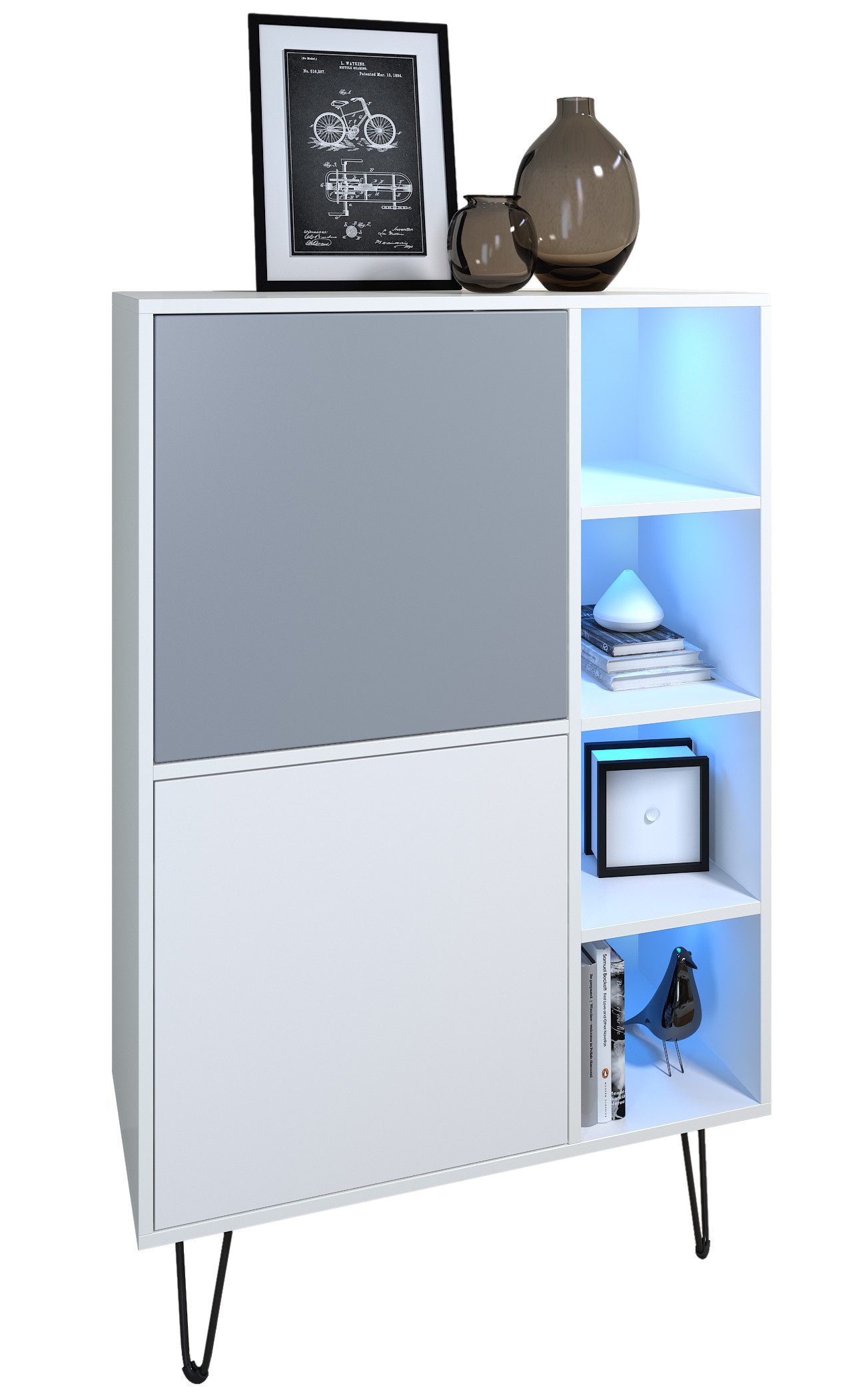 Vladon Sideboard Havana V1 (Sideboard mit 2 Türen und 4 offene Fächer, Kommode mit LED, Made in Germany), Weiß matt / Weiß matt (124 x 79 x 35 cm)