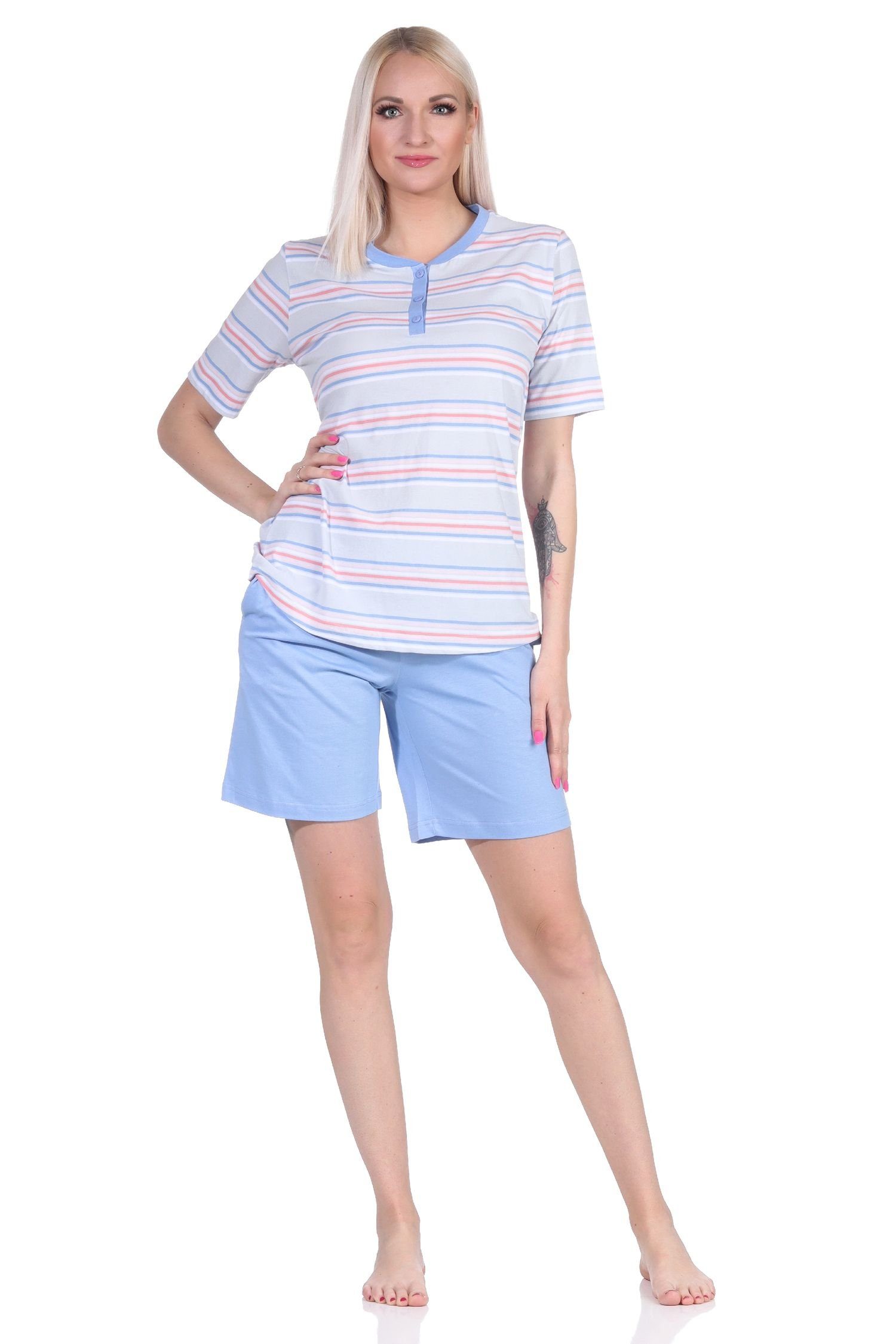 Normann Pyjama Damen Schlafanzug kurzarm Pyjama Shorty in pastellfarbenen Streifen hellblau