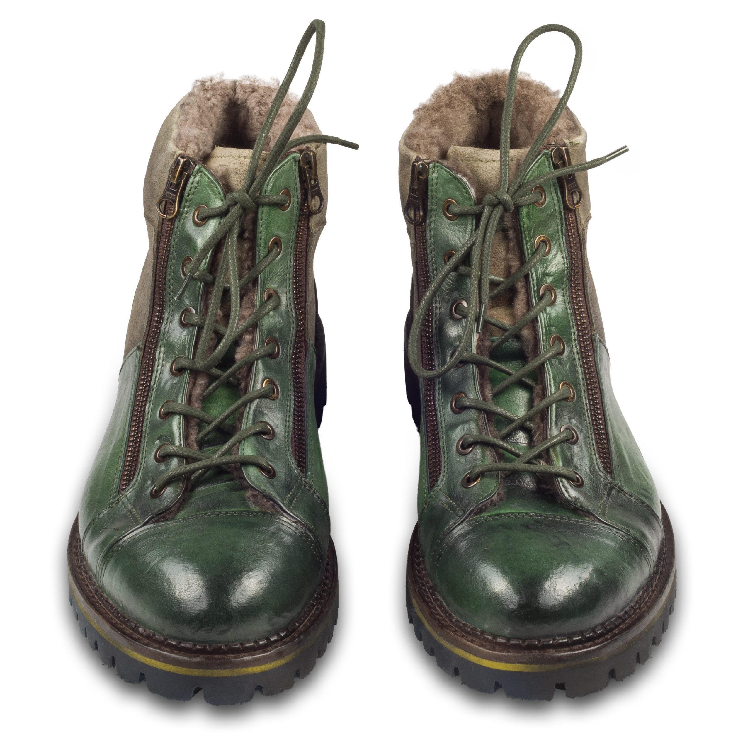 Lorenzi Lorenzi Schnürstiefel Herren grün - Leder stonewashed, Lammfell Stiefel Handgefertigt in Italien