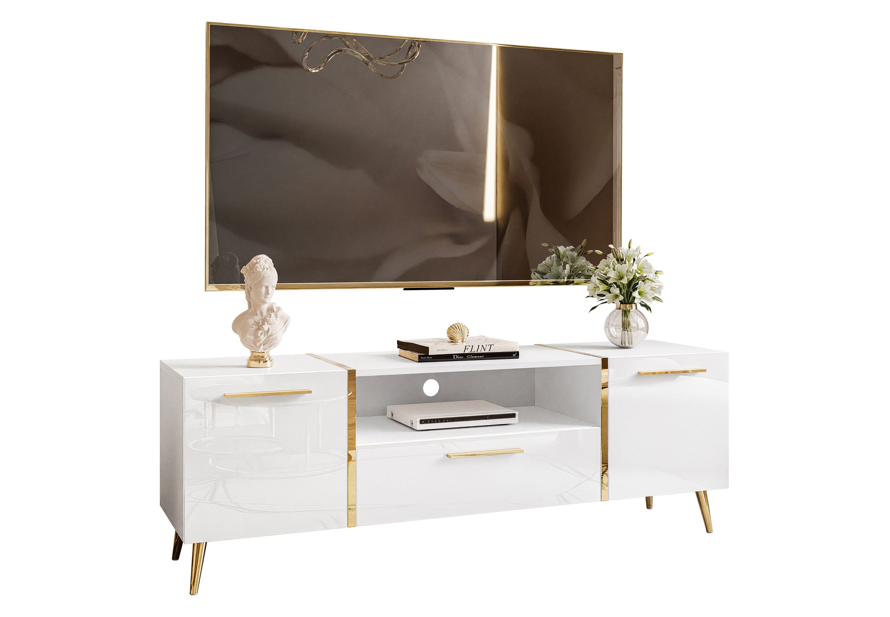 Lookway Lowboard ONYX TV-Schrank auf goldenen Beinen Hochglanz 158 cm Griff günstig online kaufen