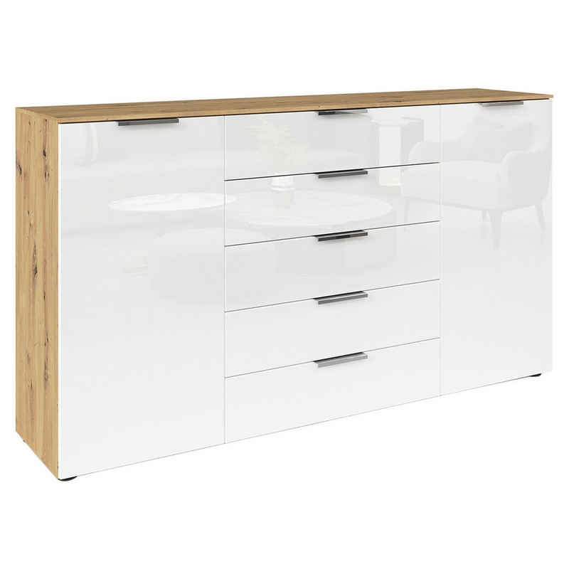 rauch Sideboard FLIPP, Artisan Eiche Dekor, Weiß, 2 Türen, 5 Schubladen, mit Soft-Close-Funktion, B 180 x H 100 x T 42 cm