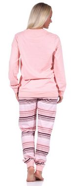 Normann Pyjama Damen Pyjama mit Bündchen und gestreifter Hose + Herzmotiv